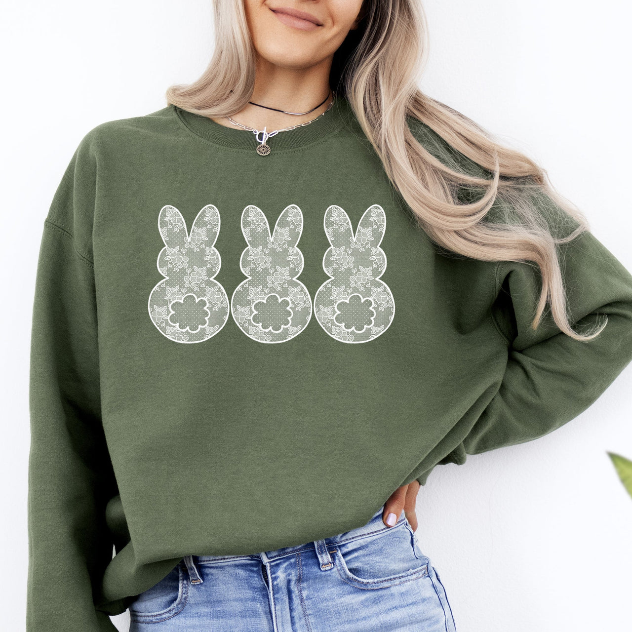 Faux Lace Bunny, Coquette, In A Row, Easter, Bunny, Jesus, Rabbit Seasonal Sweatshirt