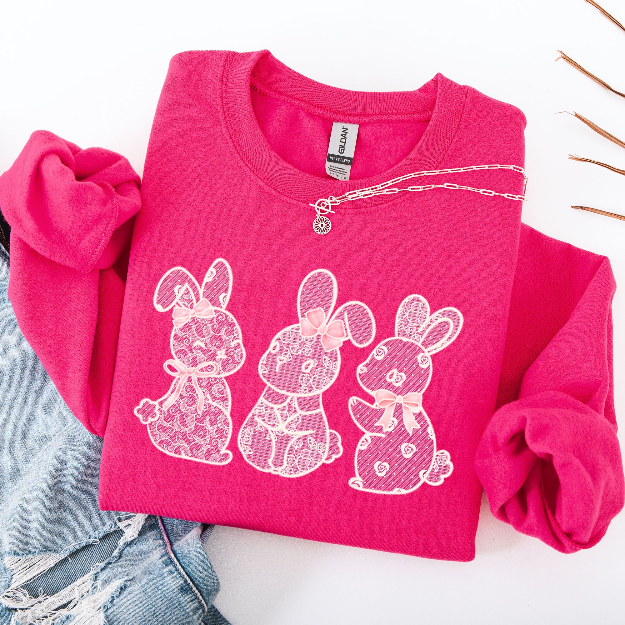 Faux Lace Bunny Coquette Ribbons In A Row Easter Holiday Bunny Jesus Rabbit Sweatshirt