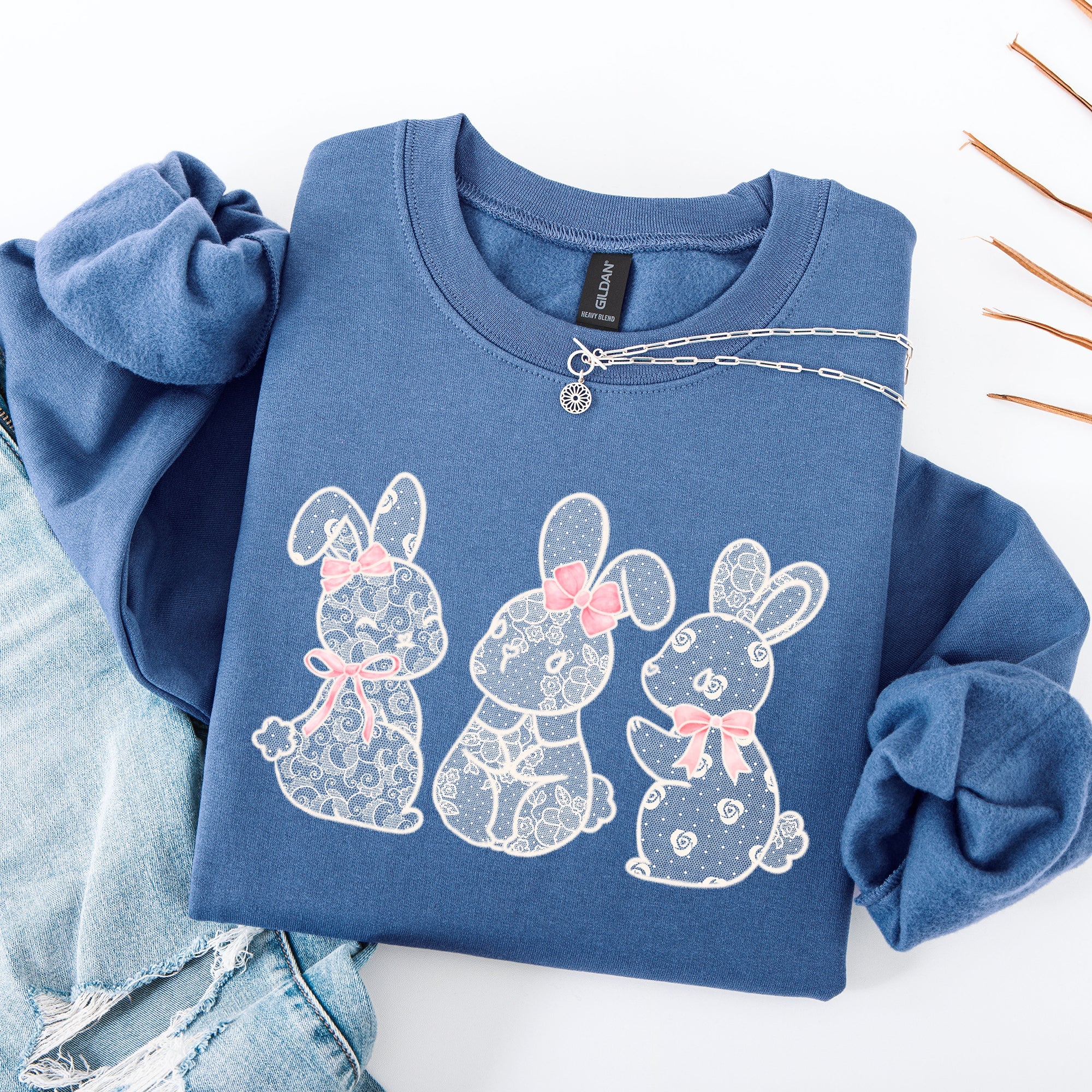 Faux Lace Bunny Coquette Ribbons In A Row Easter Holiday Bunny Jesus Rabbit Sweatshirt