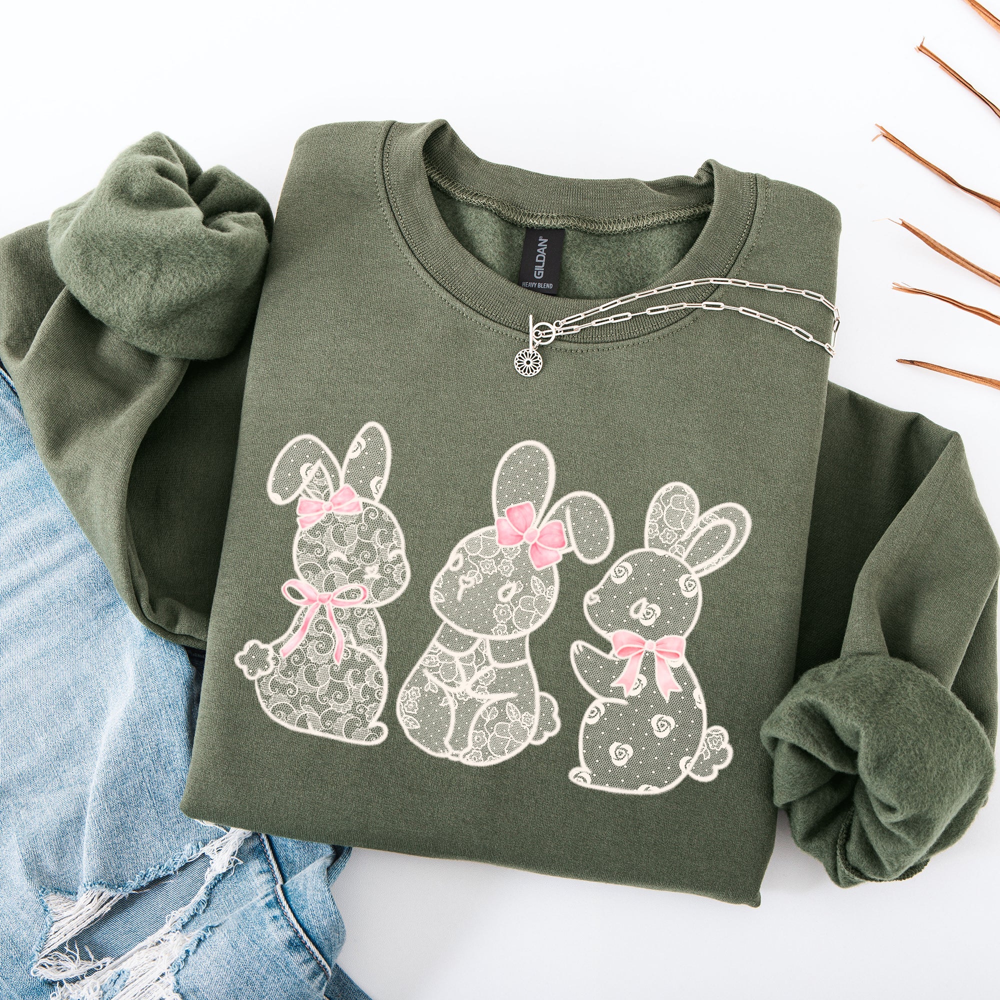 Faux Lace Bunny Coquette Ribbons In A Row Easter Holiday Bunny Jesus Rabbit Sweatshirt