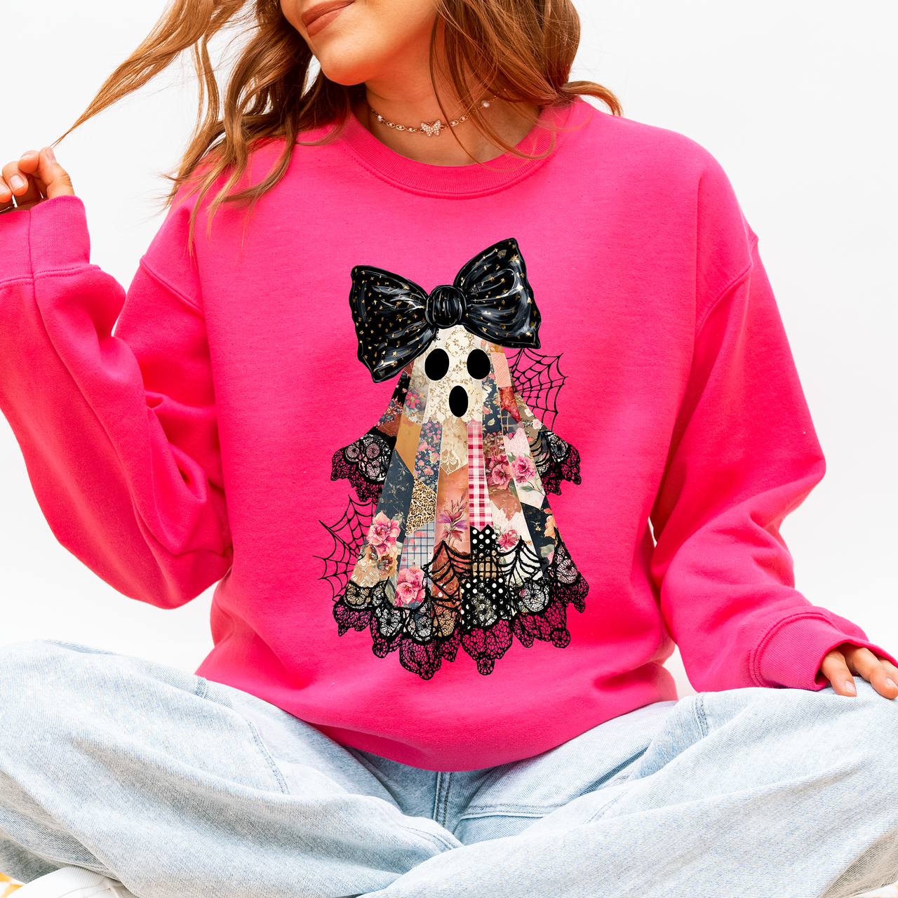 Faux Patchwork Lace Ghost With Glitter Accents And Vintage Halloween Coquette Ghost Sweatshirt
