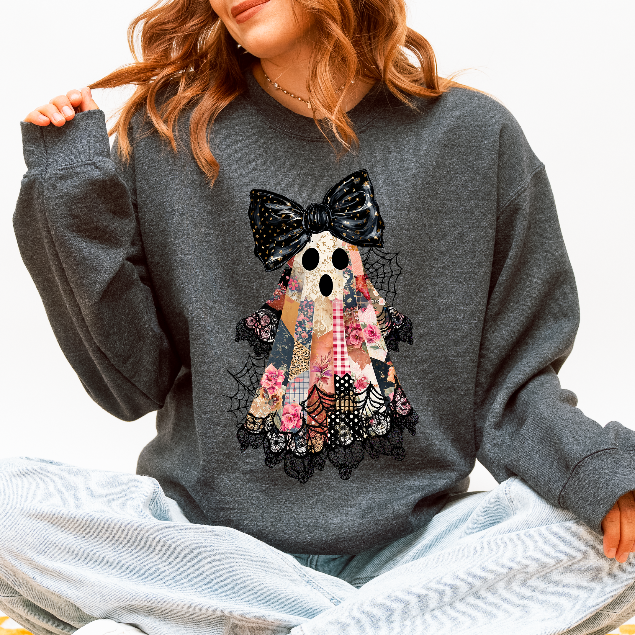 Faux Patchwork Lace Ghost With Glitter Accents And Vintage Halloween Coquette Ghost Sweatshirt