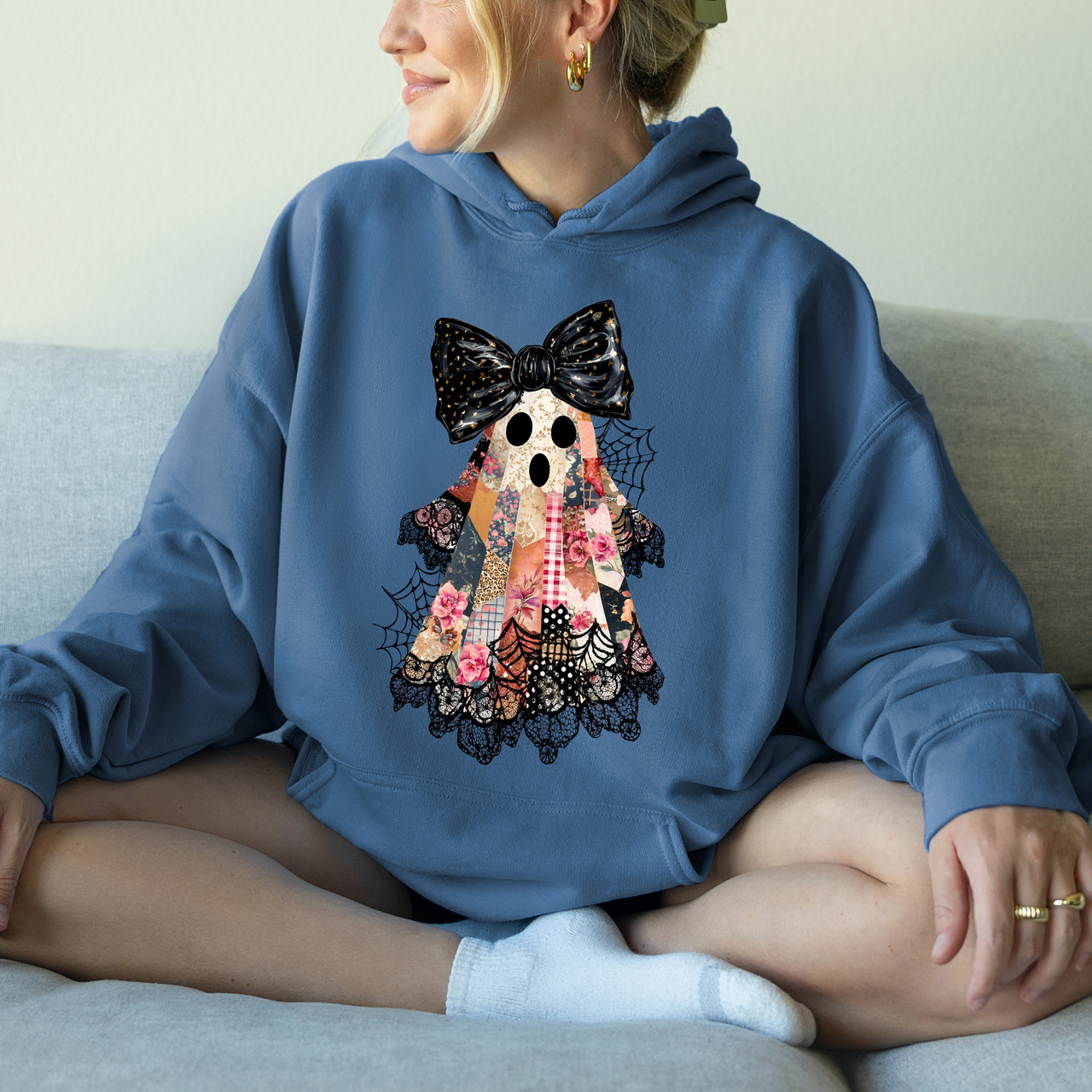 Faux Patchwork Lace Ghost Coquette Ghost Haunted Lace Motif With Vintage Gothic Flair Hoodie