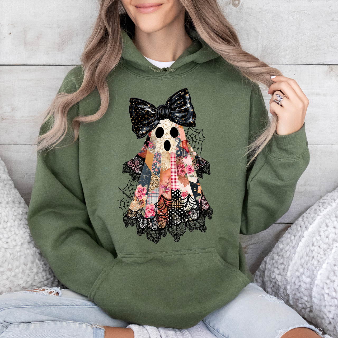 Faux Patchwork Lace Ghost Coquette Ghost Haunted Lace Motif With Vintage Gothic Flair Hoodie