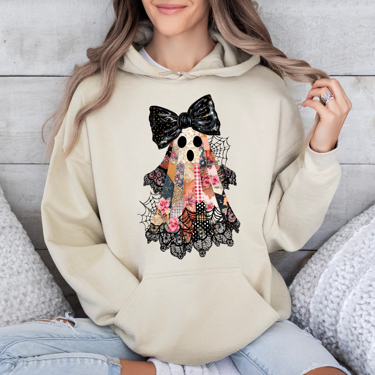 Faux Patchwork Lace Ghost Coquette Ghost Haunted Lace Motif With Vintage Gothic Flair Hoodie