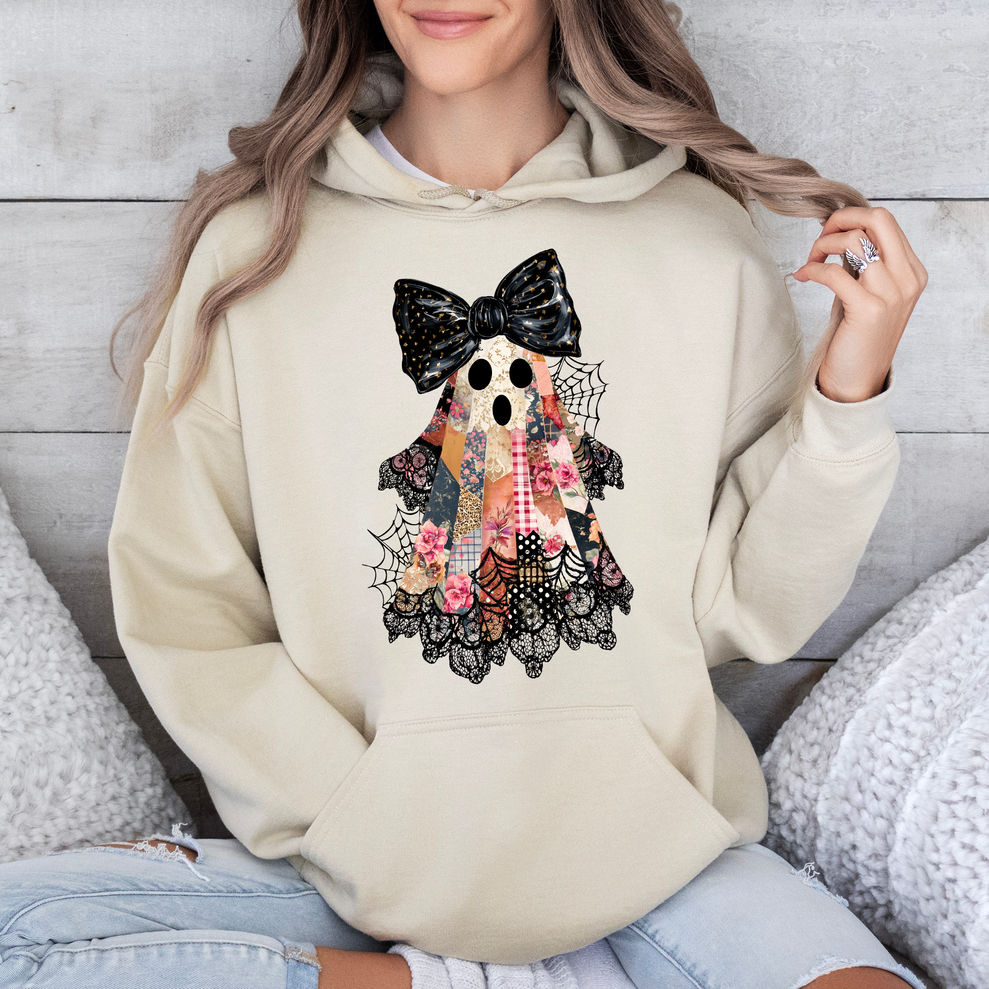Faux Patchwork Lace Ghost Coquette Ghost Haunted Lace Motif With Vintage Gothic Flair Hoodie
