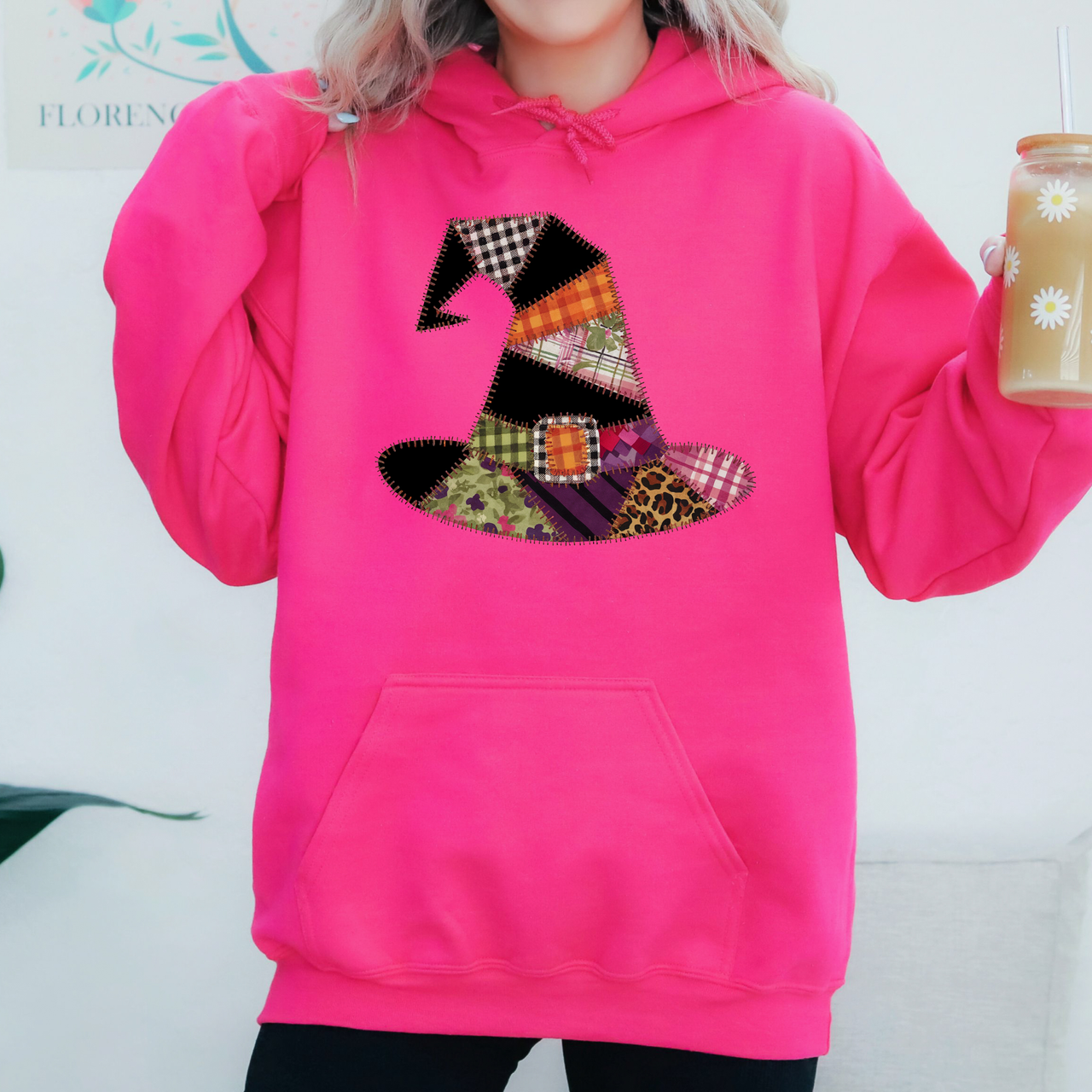 Faux Patchwork Witch Hat Vintage Inspired Spooky Season Witchy Vibes Graphic Hoodie
