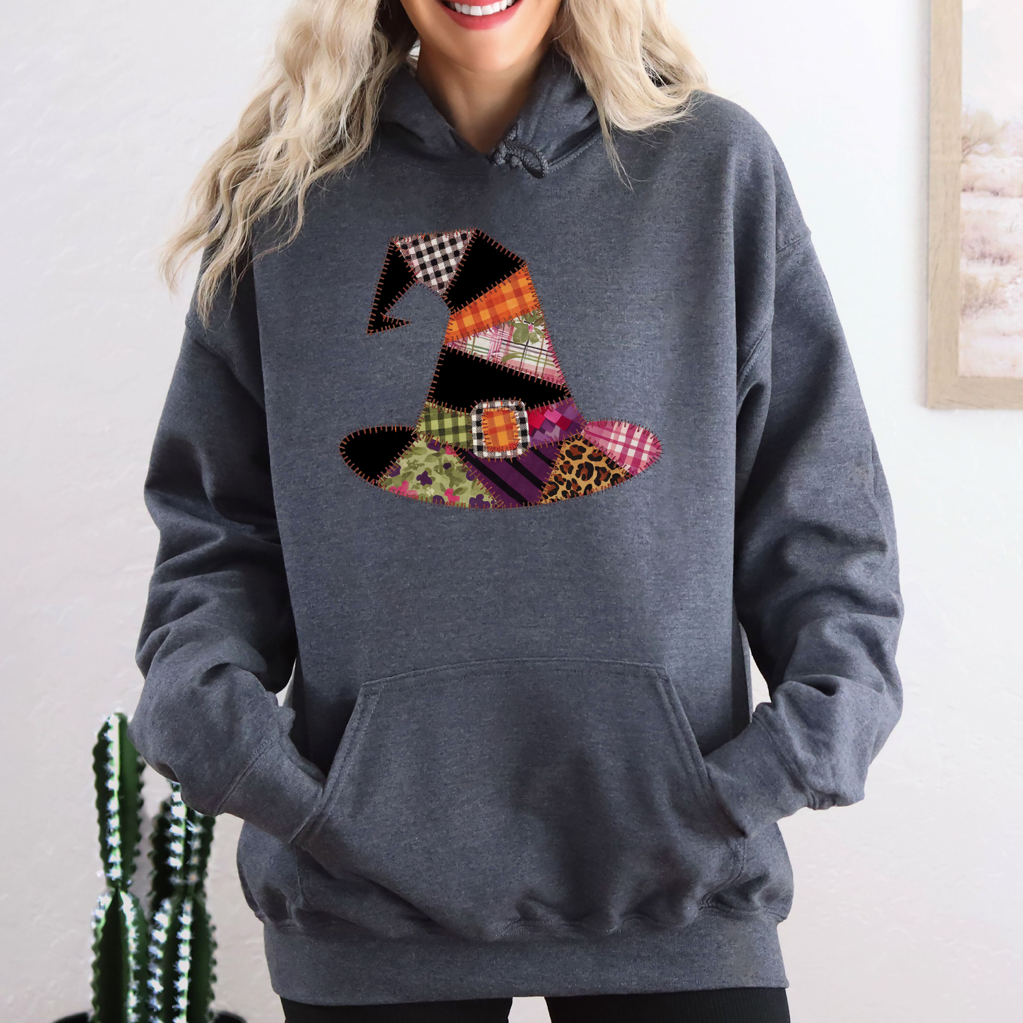 Faux Patchwork Witch Hat Vintage Inspired Spooky Season Witchy Vibes Graphic Hoodie