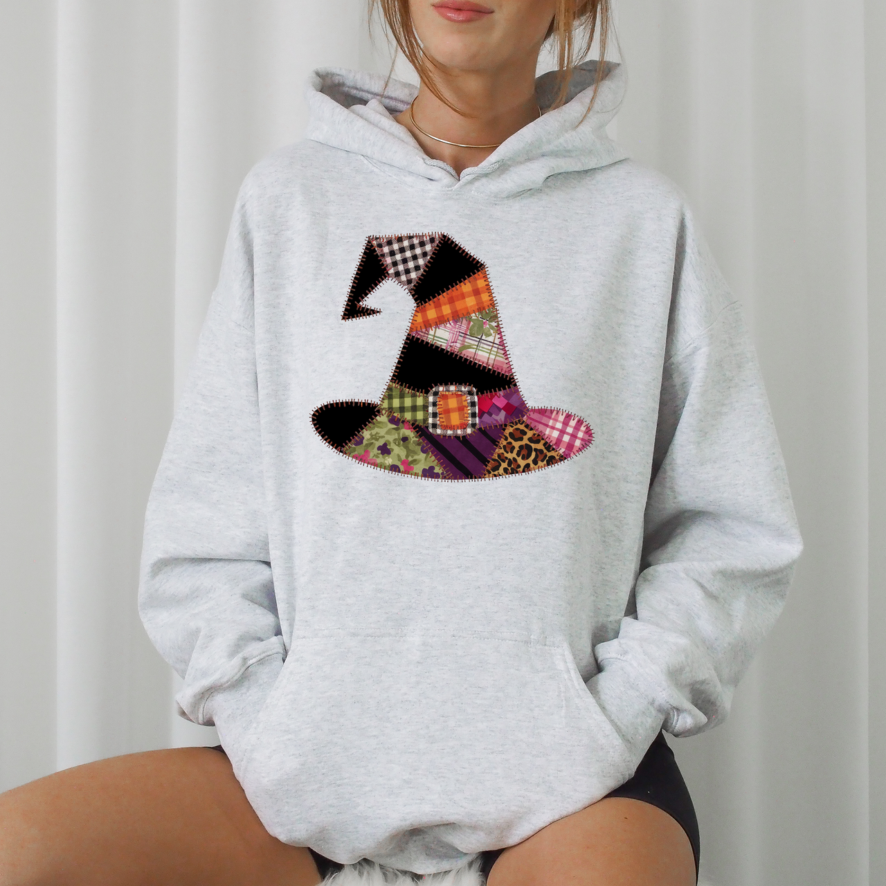 Faux Patchwork Witch Hat Vintage Inspired Spooky Season Witchy Vibes Graphic Hoodie
