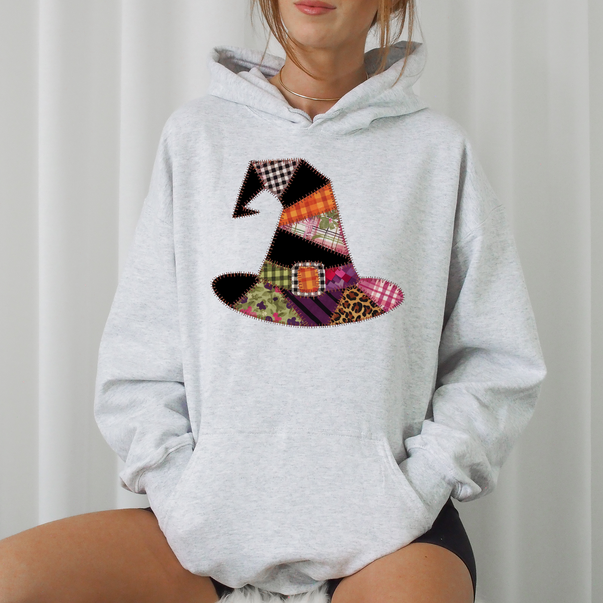 Faux Patchwork Witch Hat Vintage Inspired Spooky Season Witchy Vibes Graphic Hoodie