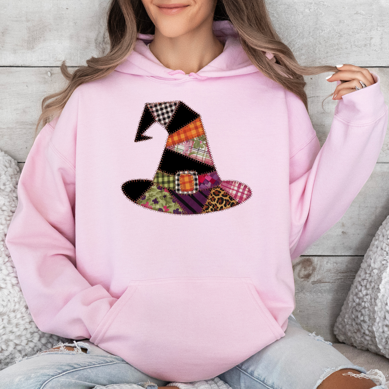 Faux Patchwork Witch Hat Vintage Inspired Spooky Season Witchy Vibes Graphic Hoodie