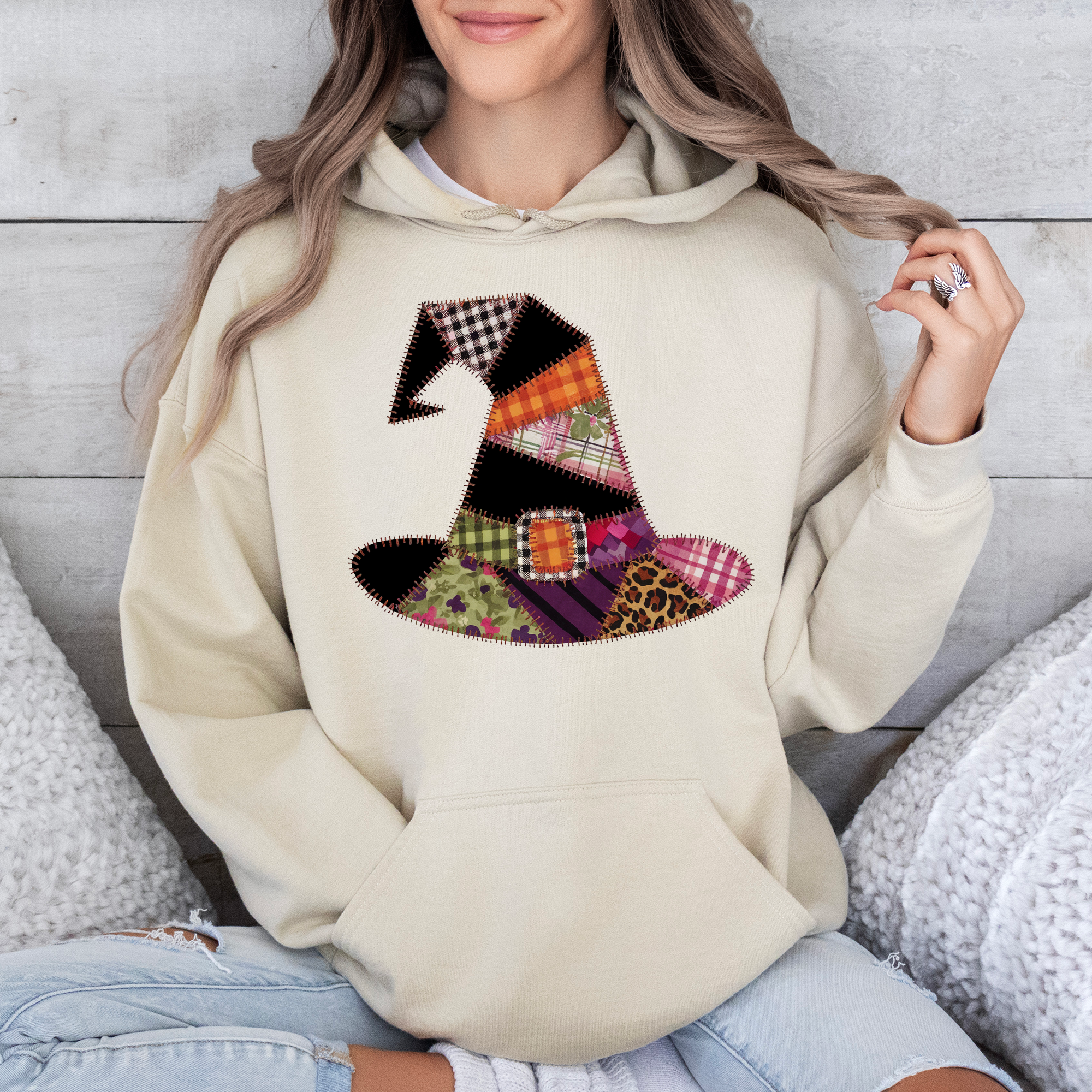 Faux Patchwork Witch Hat Vintage Inspired Spooky Season Witchy Vibes Graphic Hoodie