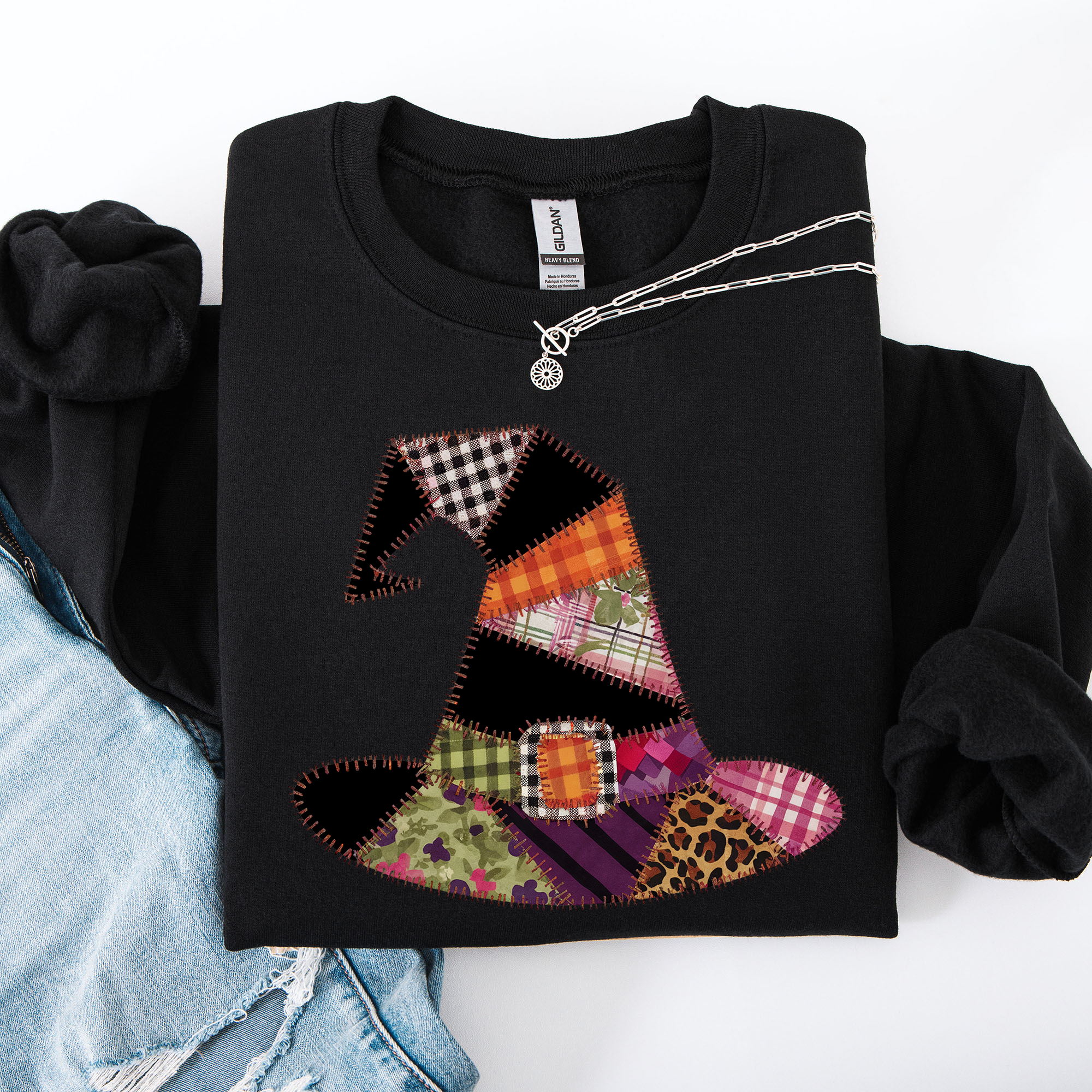 Faux Patchwork Witch Hat Patchwork Halloween Artful Spooky Season Witchy Vibes Sweatshirt