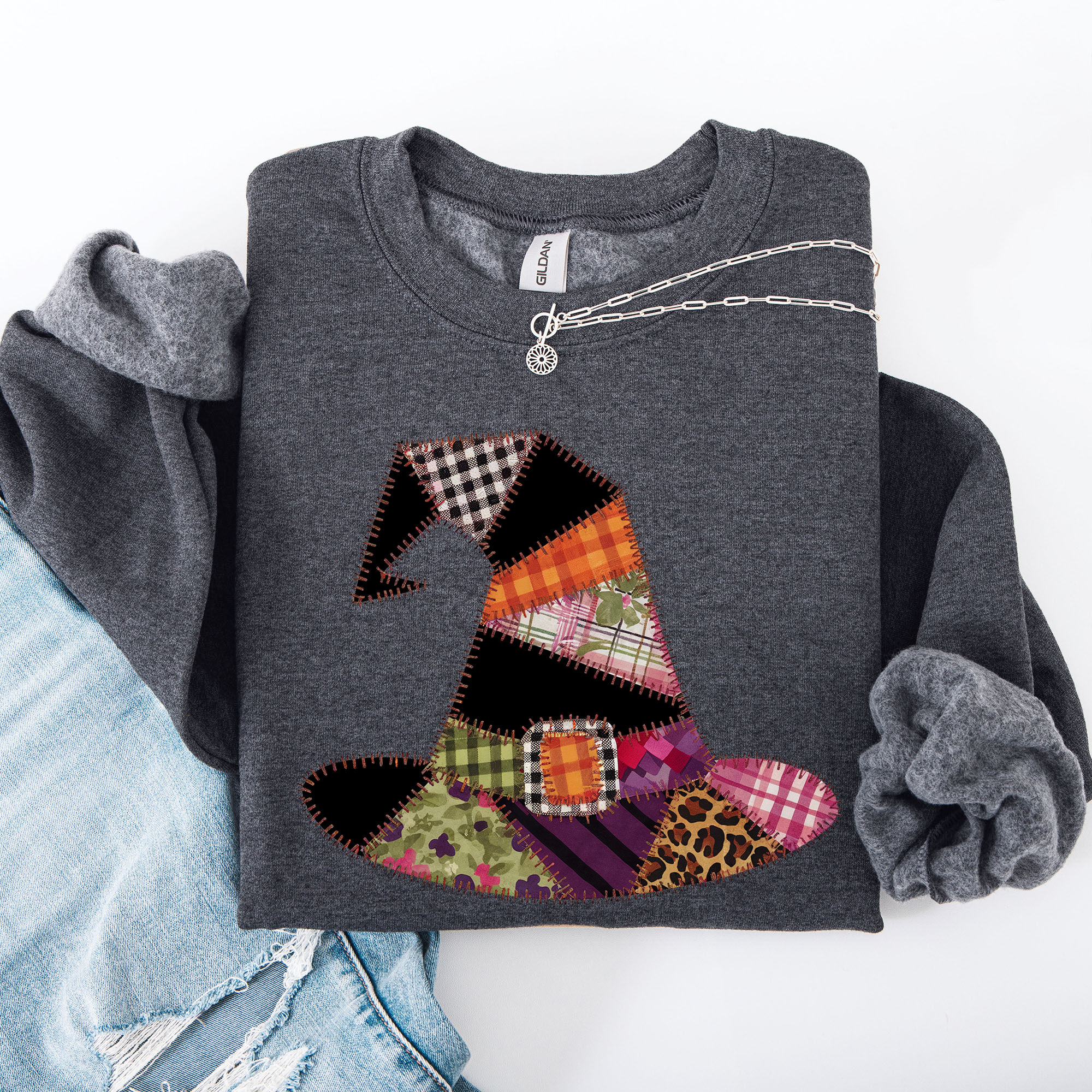 Faux Patchwork Witch Hat Patchwork Halloween Artful Spooky Season Witchy Vibes Sweatshirt