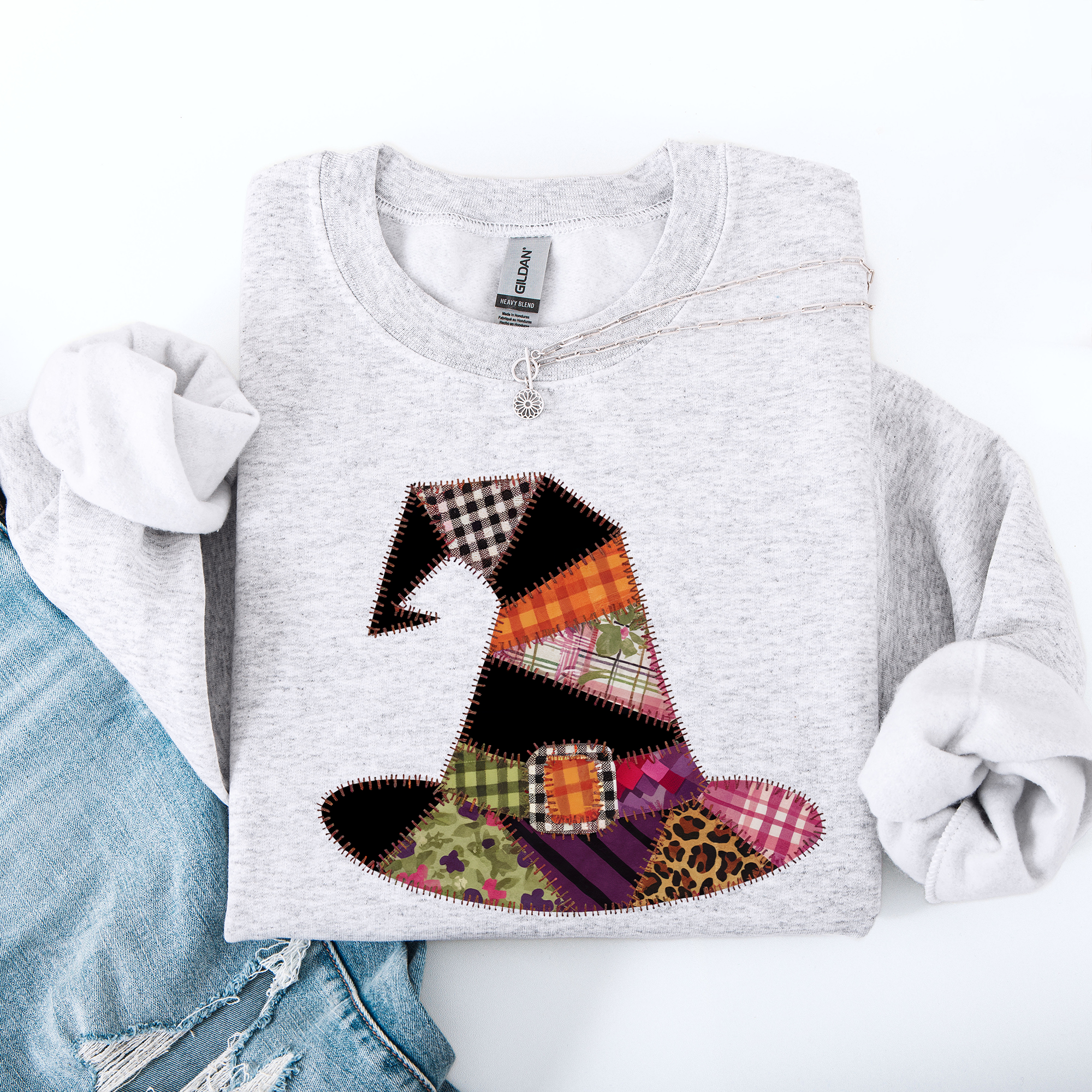 Faux Patchwork Witch Hat Patchwork Halloween Artful Spooky Season Witchy Vibes Sweatshirt