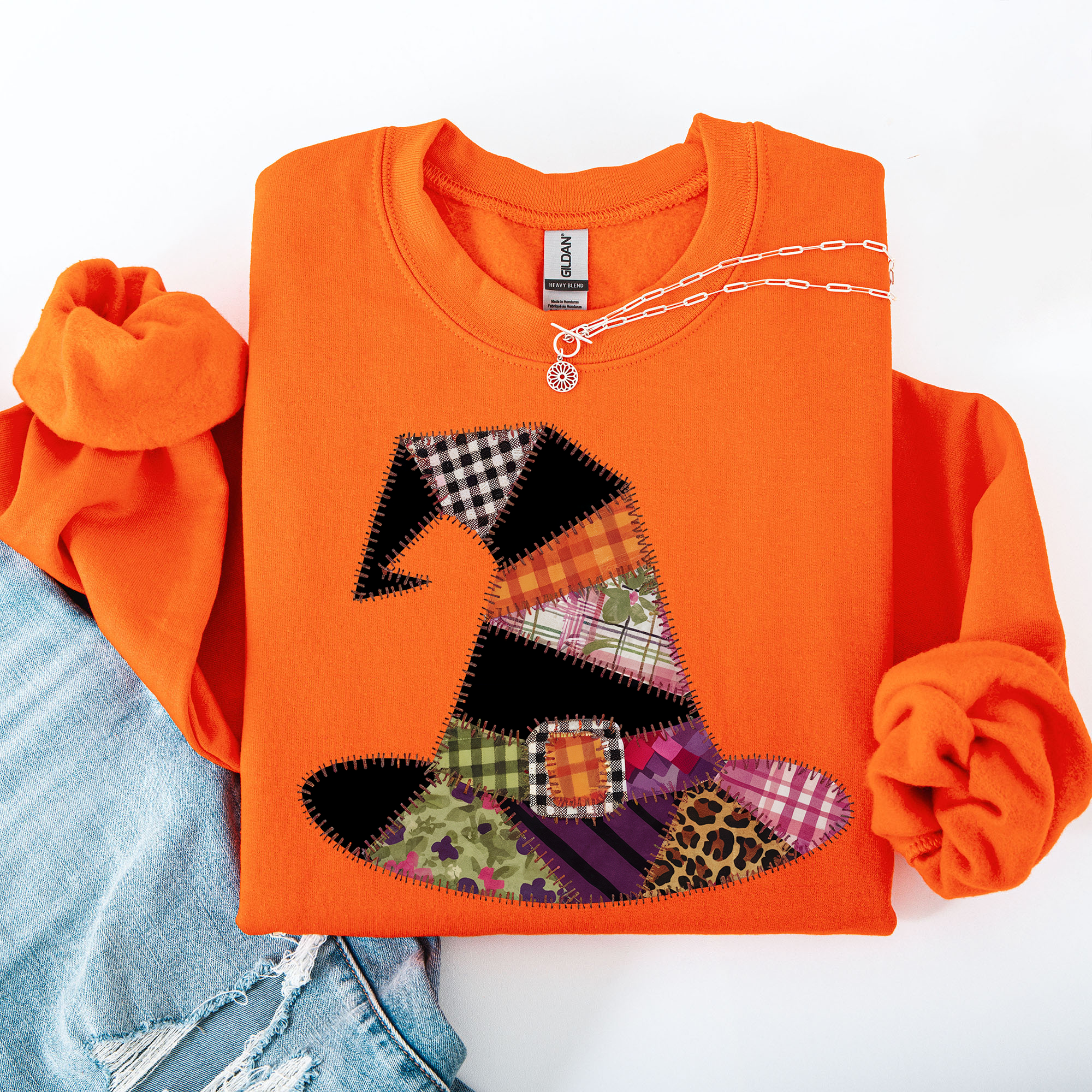 Faux Patchwork Witch Hat Patchwork Halloween Artful Spooky Season Witchy Vibes Sweatshirt
