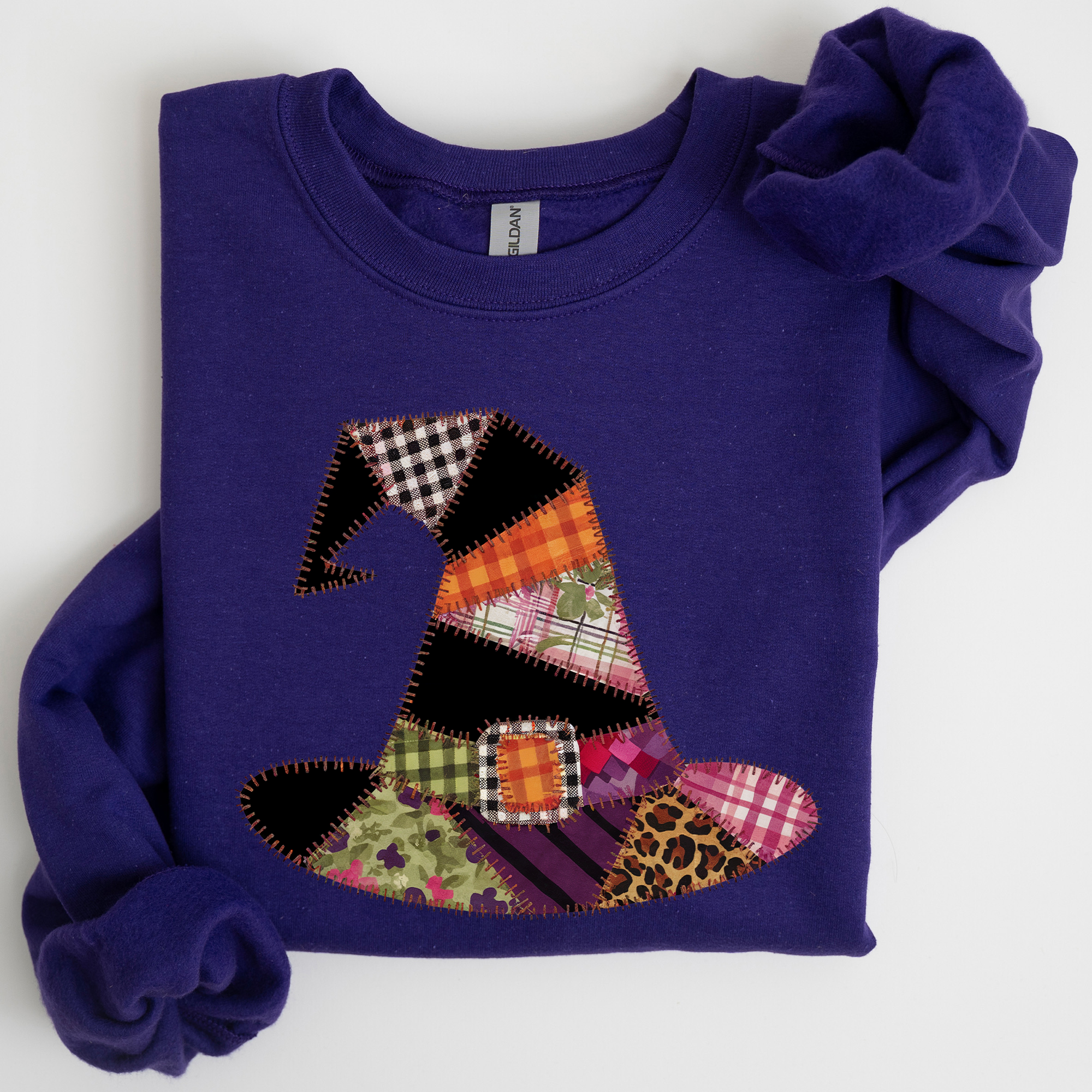 Faux Patchwork Witch Hat Patchwork Halloween Artful Spooky Season Witchy Vibes Sweatshirt