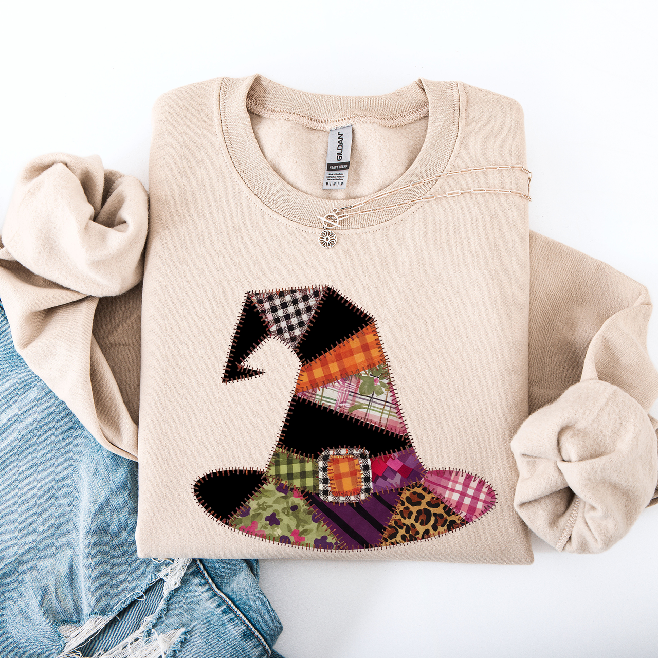 Faux Patchwork Witch Hat Patchwork Halloween Artful Spooky Season Witchy Vibes Sweatshirt