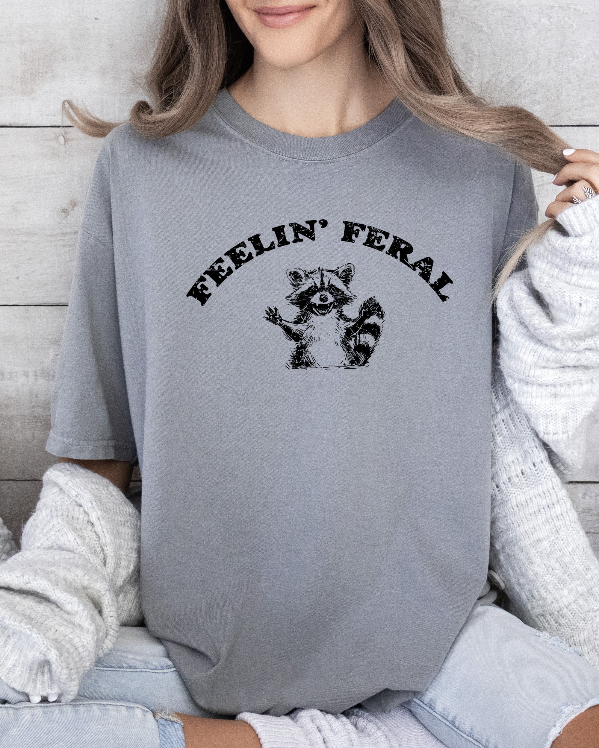 Feelin Feral Raccoon Aesthetic Trendy Humorous Playful Illustrative Comfort Colors Tee