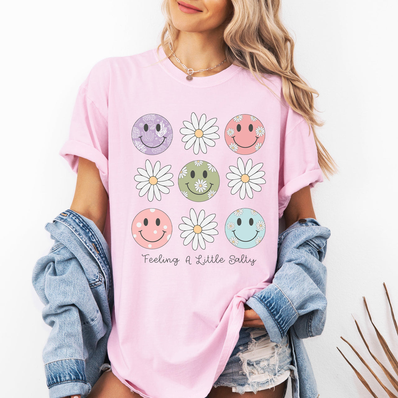 Feeling A Little Salty, Flowers, Retro Smiley Floral Emblem Collection Comfort Colors Tee