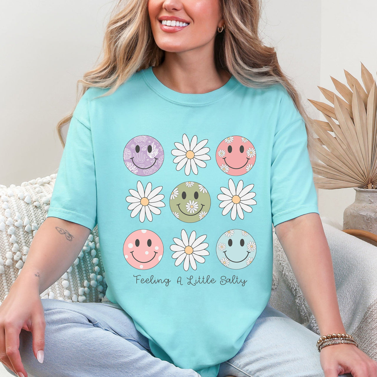 Feeling A Little Salty, Flowers, Retro Smiley Floral Emblem Collection Comfort Colors Tee