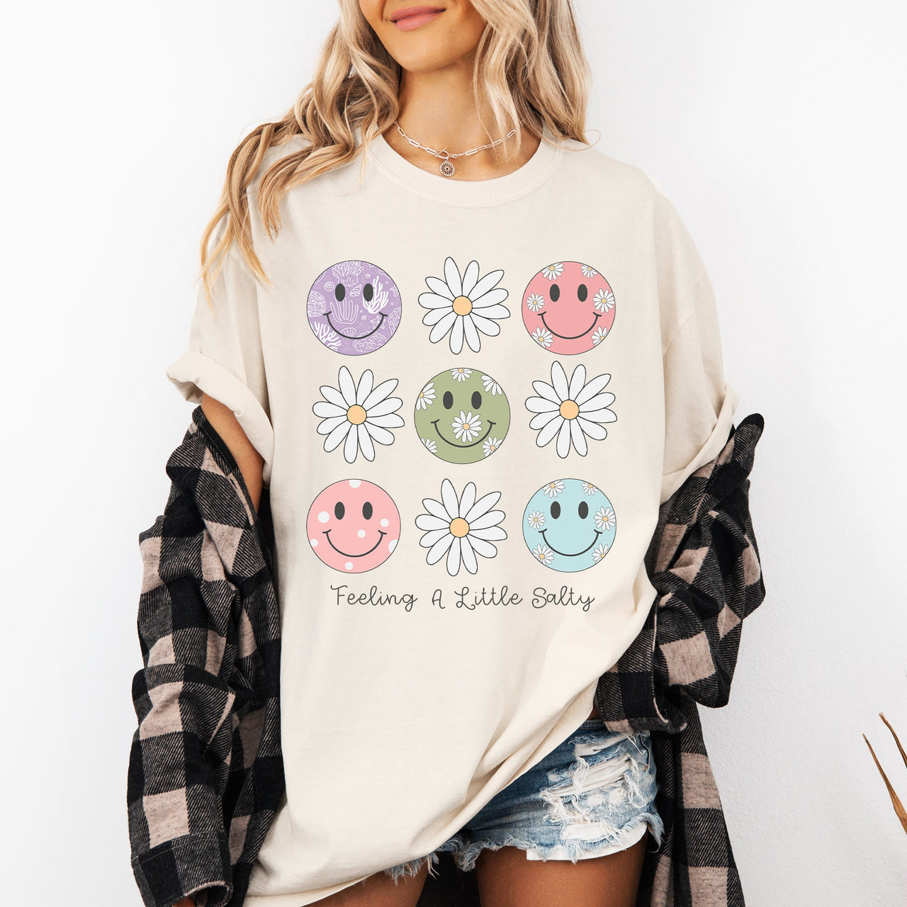 Feeling A Little Salty, Flowers, Retro Smiley Floral Emblem Collection Comfort Colors Tee