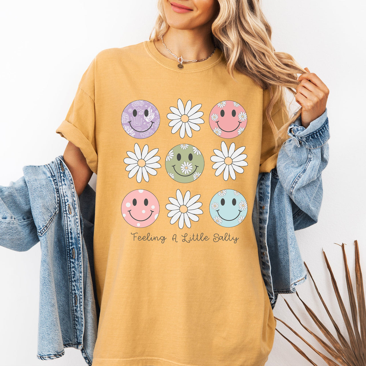 Feeling A Little Salty, Flowers, Retro Smiley Floral Emblem Collection Comfort Colors Tee