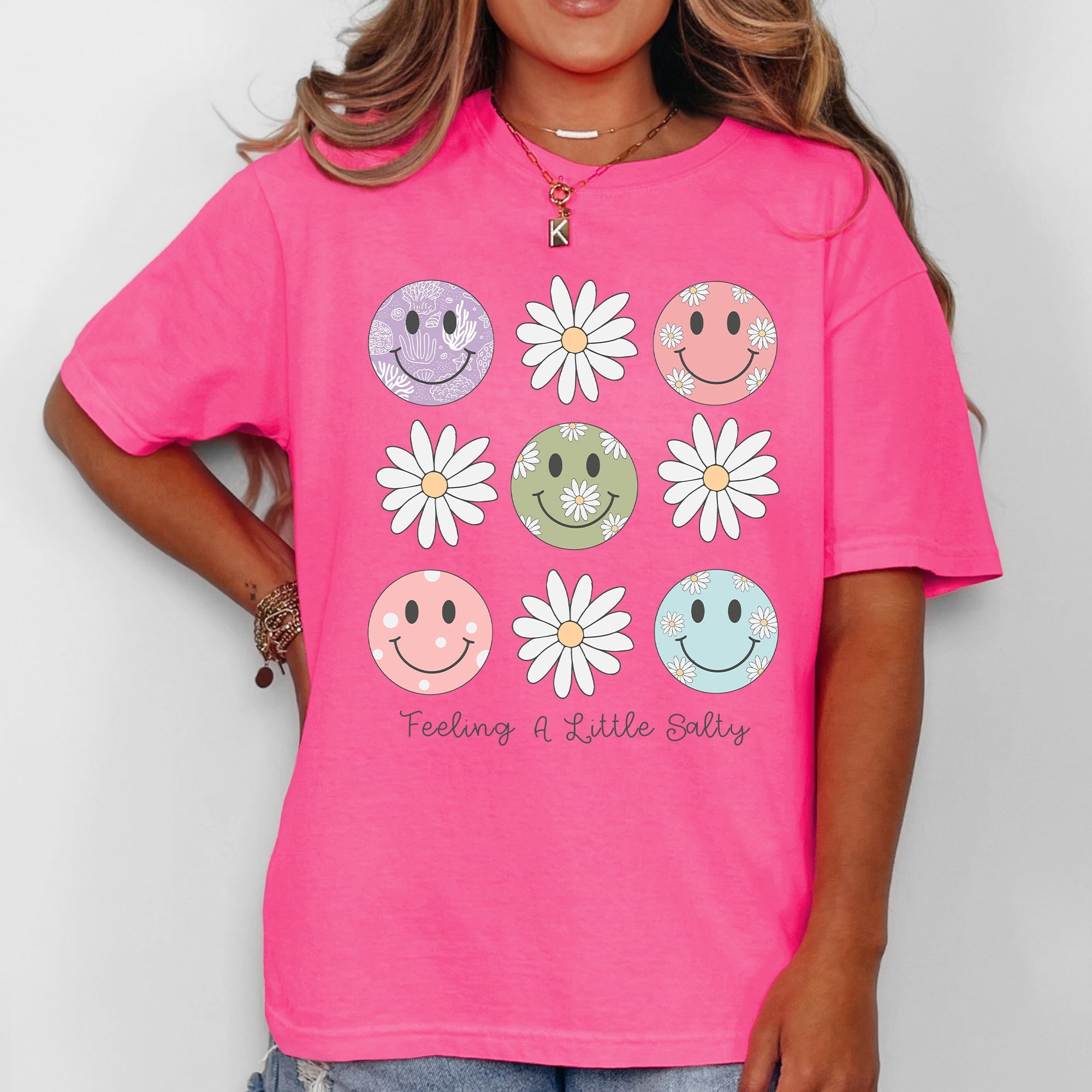 Feeling A Little Salty, Flowers, Retro Smiley Floral Emblem Collection Comfort Colors Tee
