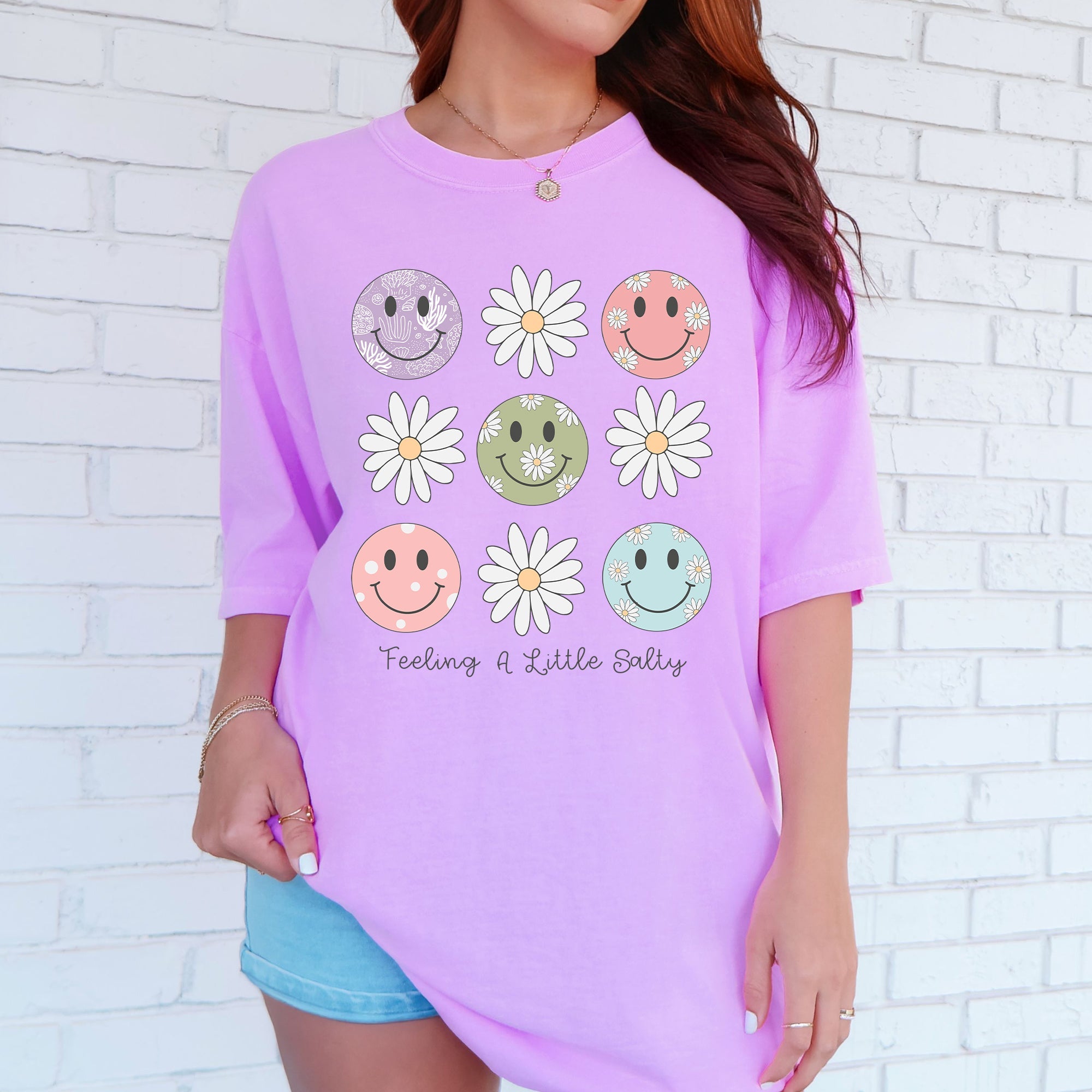 Feeling A Little Salty, Flowers, Retro Smiley Floral Emblem Collection Comfort Colors Tee
