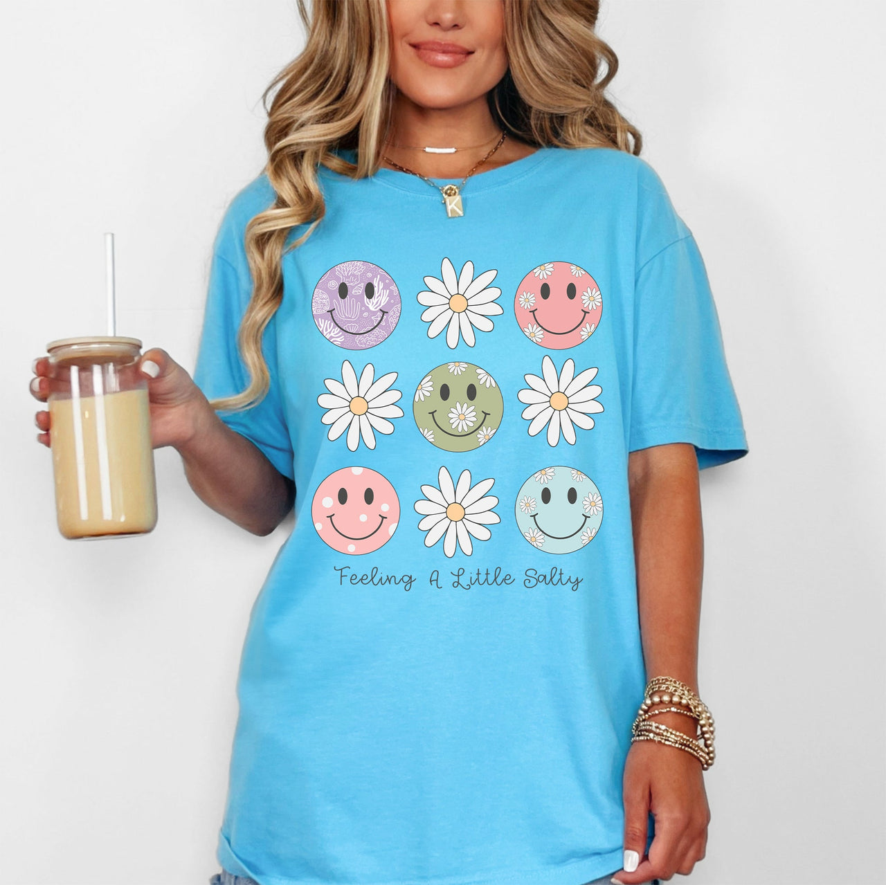 Feeling A Little Salty, Flowers, Retro Smiley Floral Emblem Collection Comfort Colors Tee
