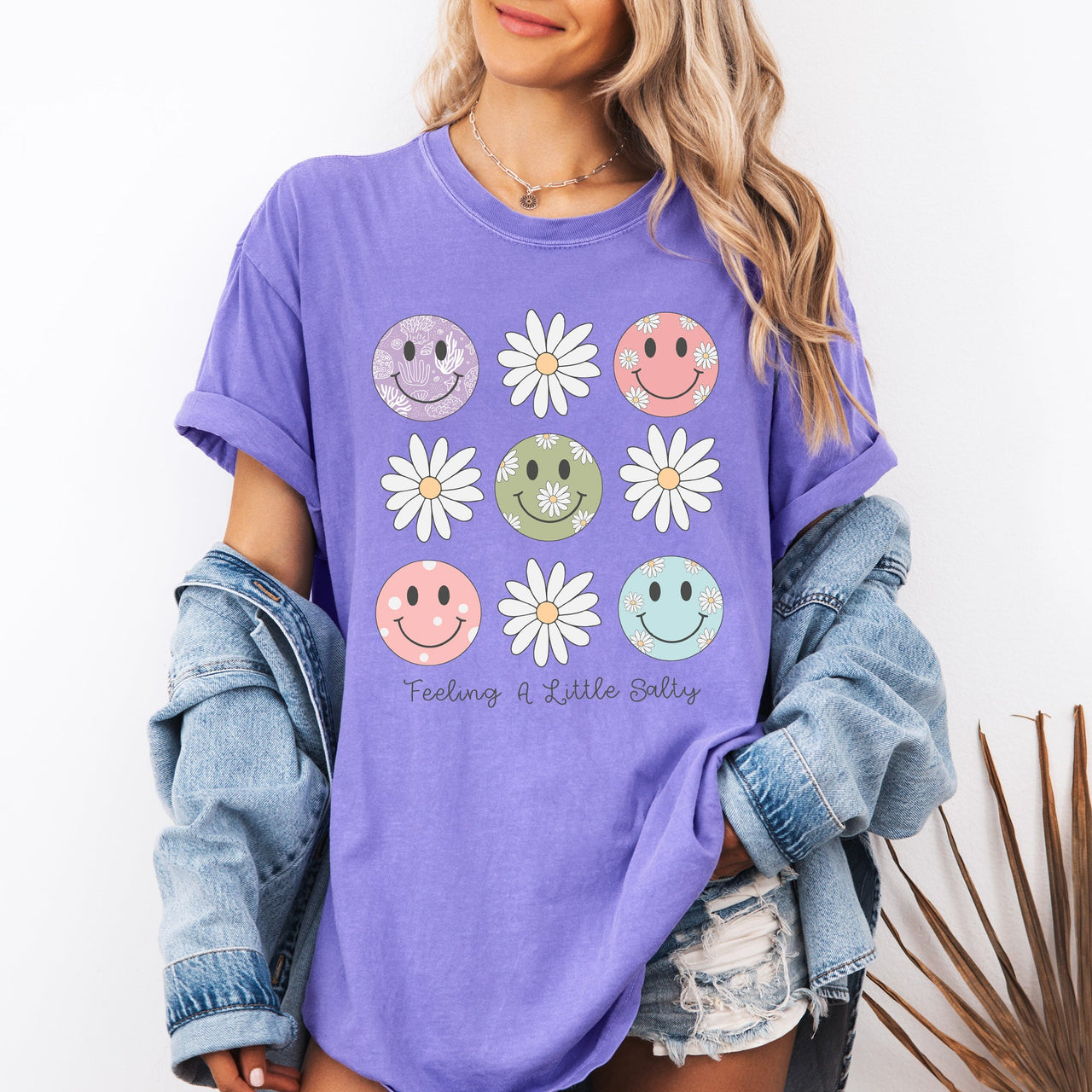 Feeling A Little Salty, Flowers, Retro Smiley Floral Emblem Collection Comfort Colors Tee