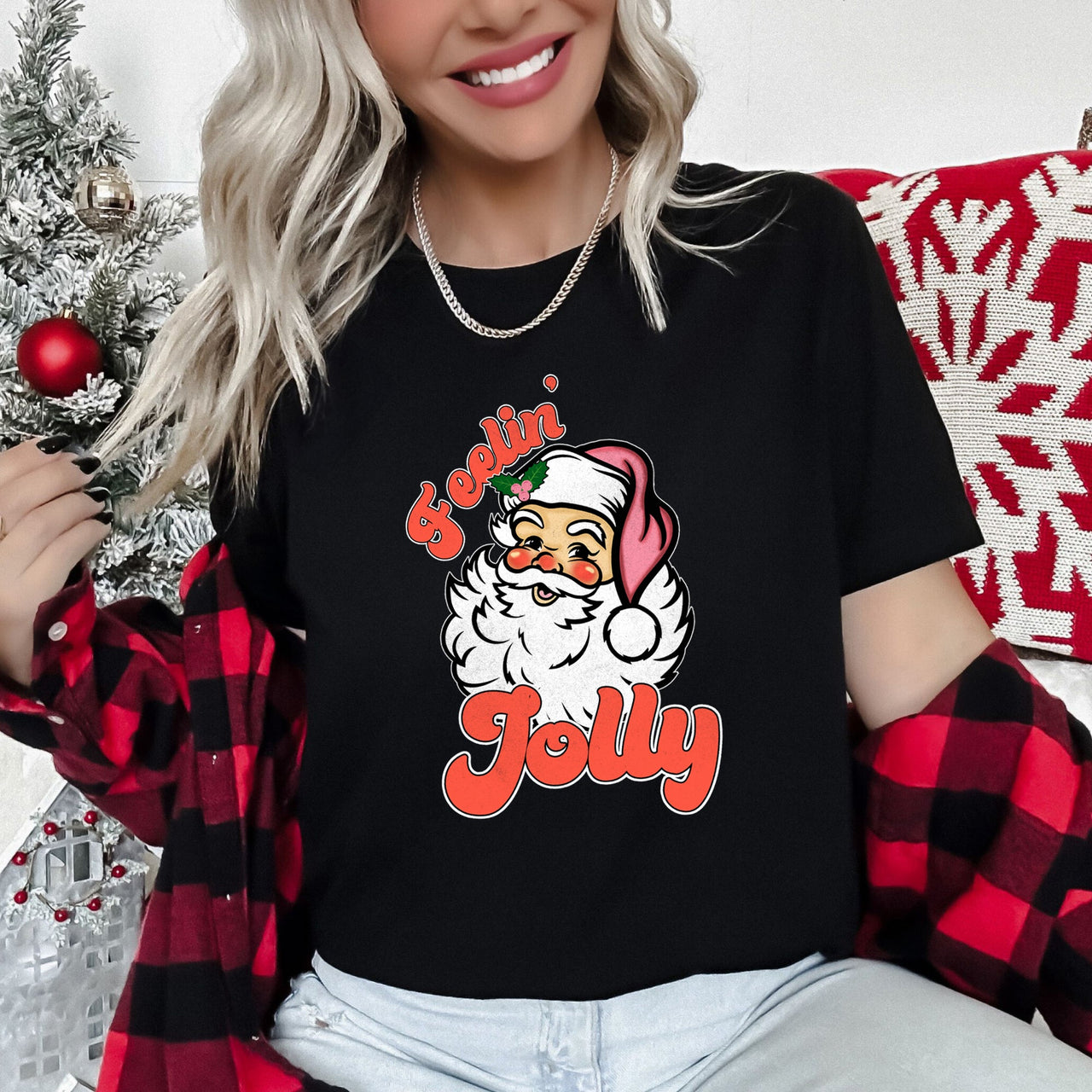 Feeling Jolly, Retro Santa Christmas Nostalgia Vintage Holiday Cheer Graphic Tee