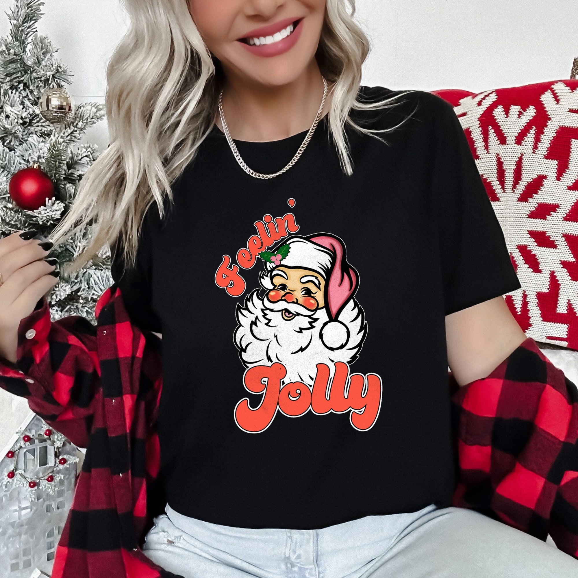 Feeling Jolly, Retro Santa Christmas Nostalgia Vintage Holiday Cheer Graphic Tee