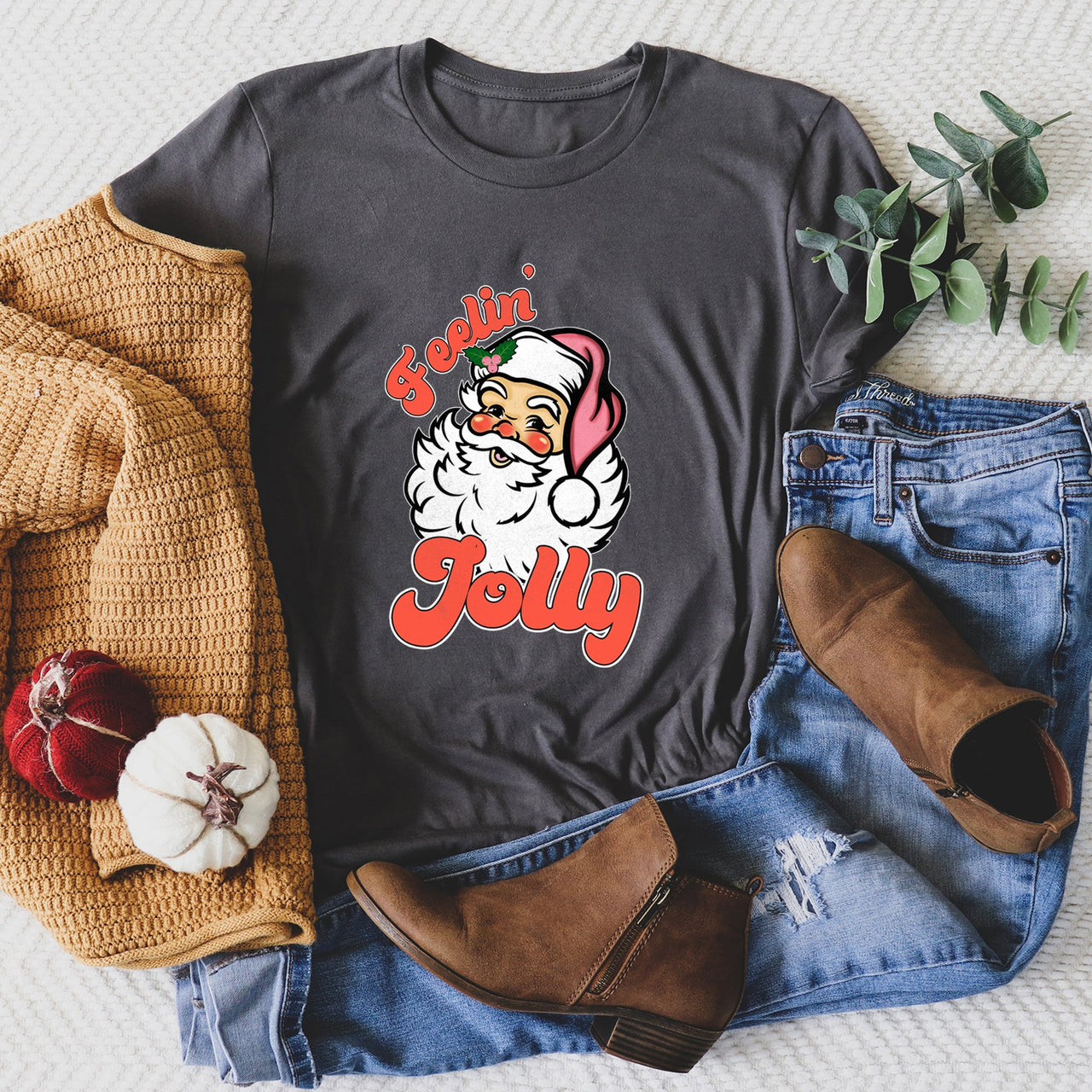 Feeling Jolly, Retro Santa Christmas Nostalgia Vintage Holiday Cheer Graphic Tee