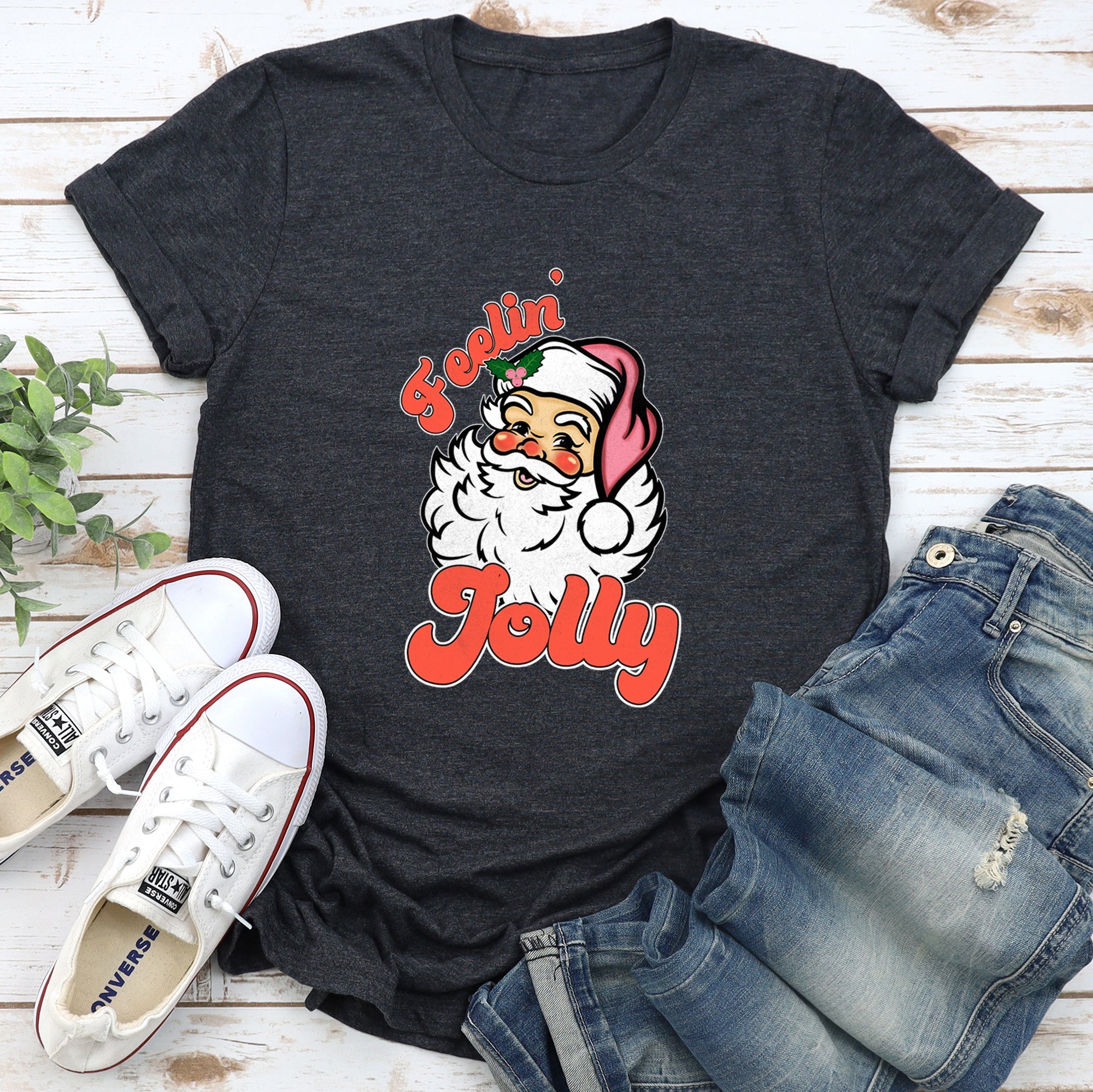 Feeling Jolly, Retro Santa Christmas Nostalgia Vintage Holiday Cheer Graphic Tee