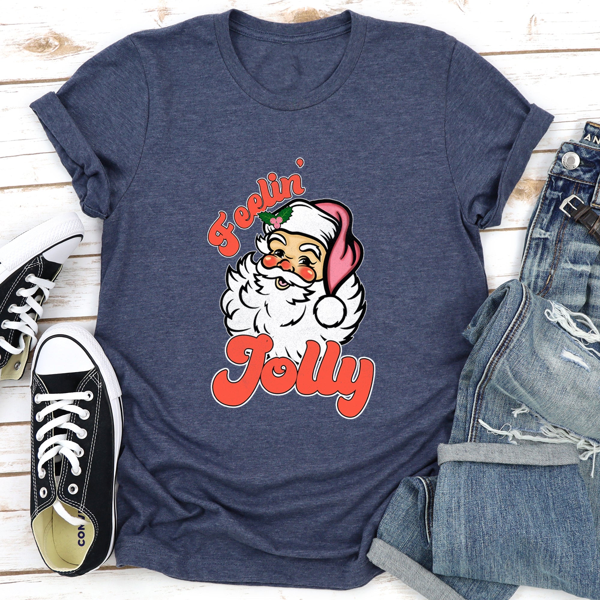 Feeling Jolly, Retro Santa Christmas Nostalgia Vintage Holiday Cheer Graphic Tee
