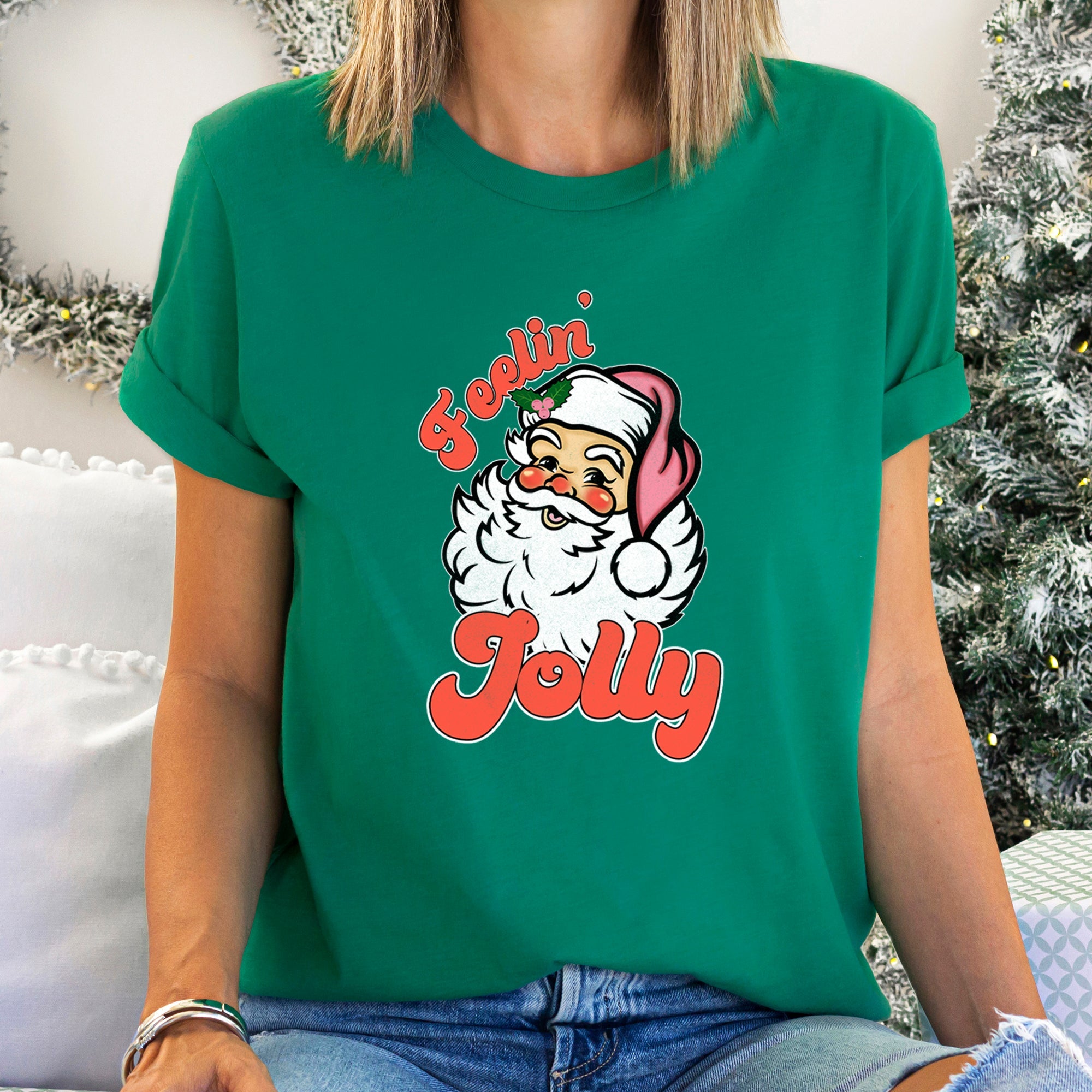 Feeling Jolly, Retro Santa Christmas Nostalgia Vintage Holiday Cheer Graphic Tee