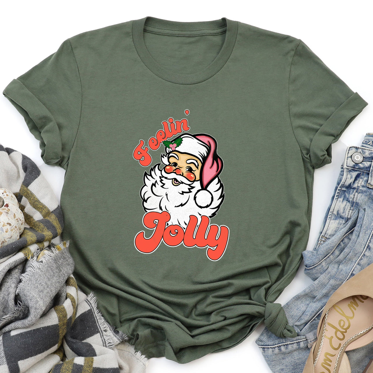 Feeling Jolly, Retro Santa Christmas Nostalgia Vintage Holiday Cheer Graphic Tee