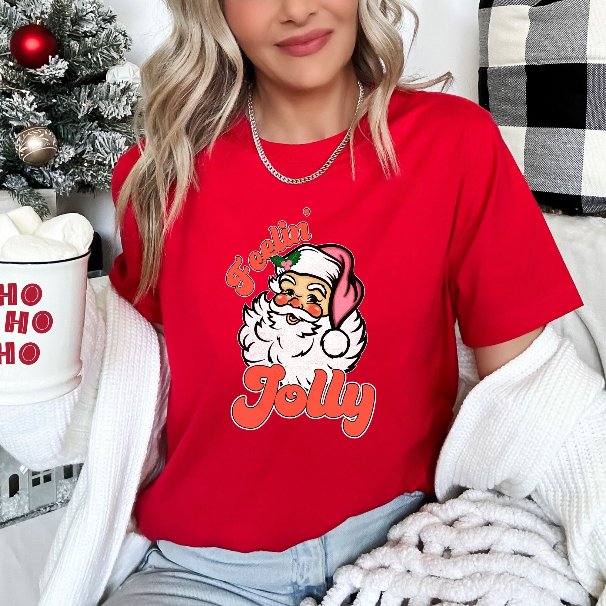 Feeling Jolly, Retro Santa Christmas Nostalgia Vintage Holiday Cheer Graphic Tee