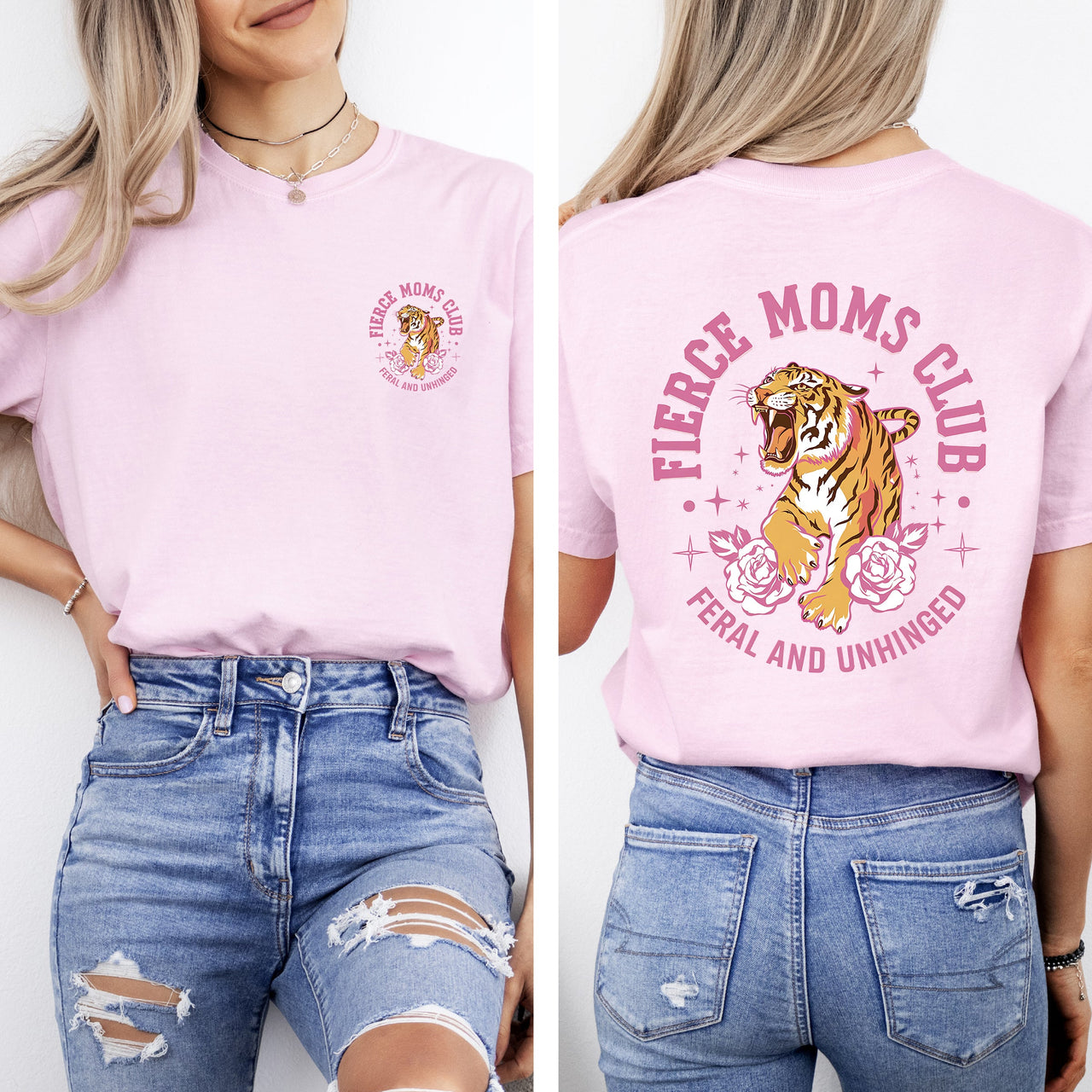 Feral Moms Club Tiger Front And Back Print Mother's Day Limited Edition Comfort Colors Tee
