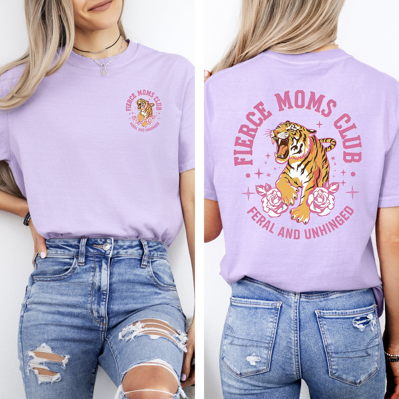 Feral Moms Club Tiger Front And Back Print Mother's Day Limited Edition Comfort Colors Tee