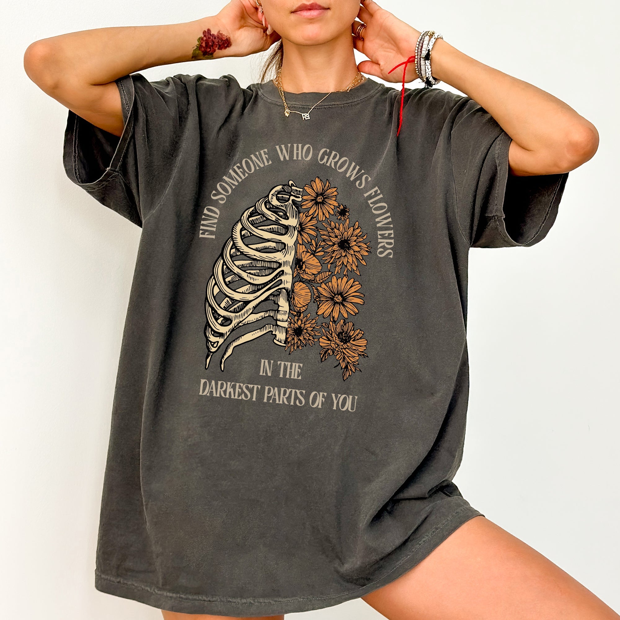 Find Someone Who Grows Flowers Skeleton Cowgirl Graphic Illustration Comfort Colors Tee
