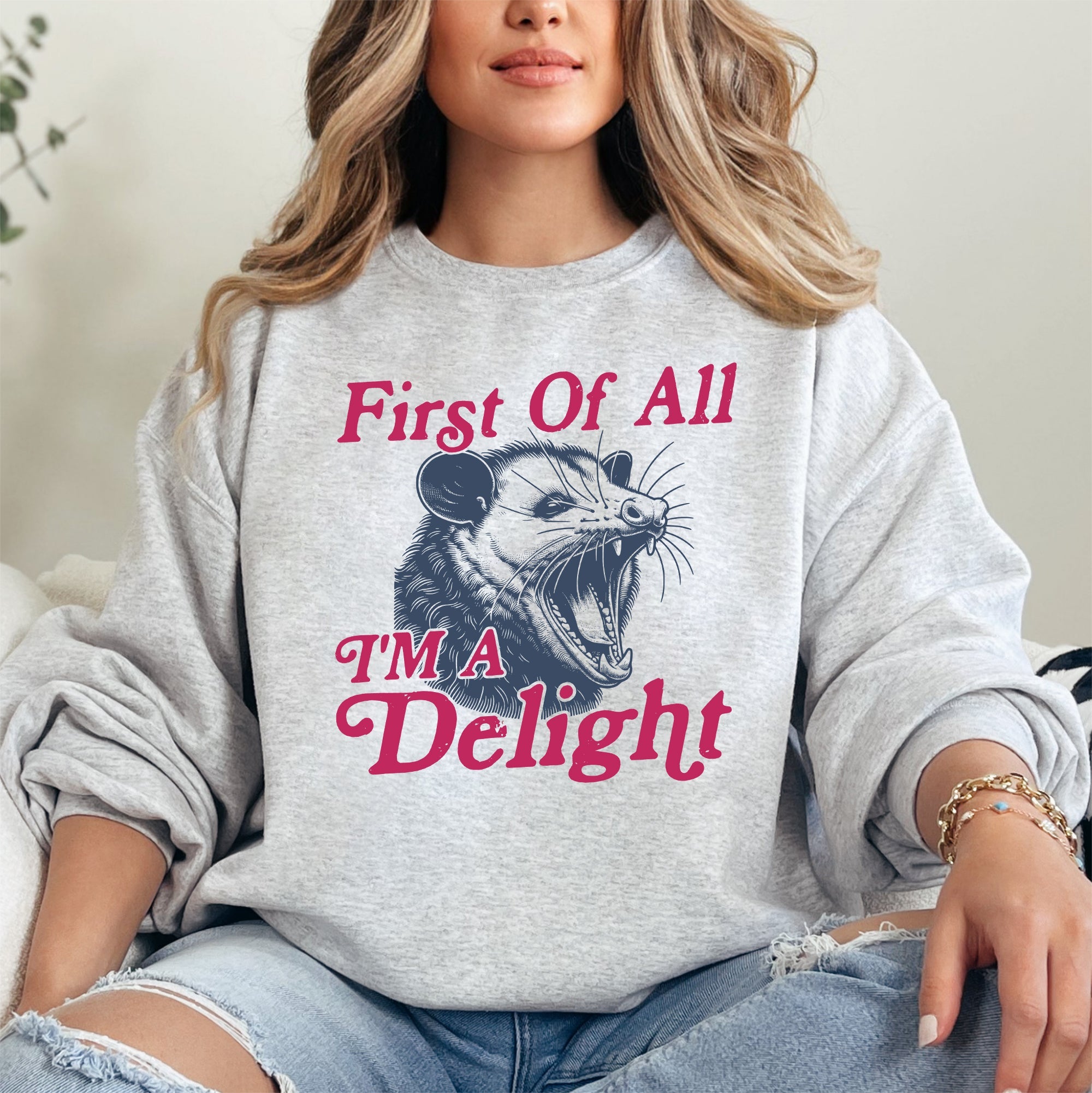 First Of All I'm A Delight Possum Sarcastic Quote Graphic Cozy Warm Bold Statement Sweatshirt