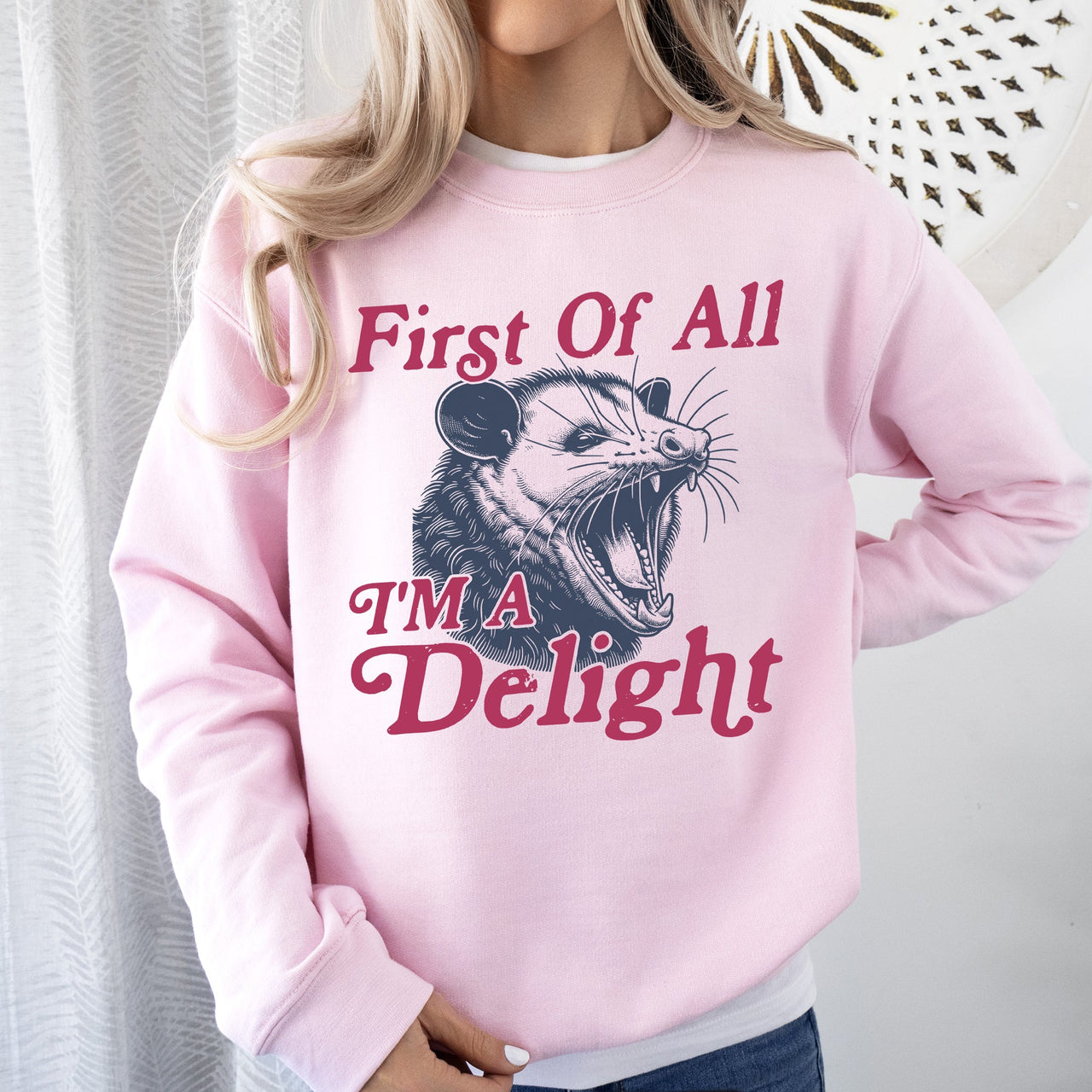 First Of All I'm A Delight Possum Sarcastic Quote Graphic Cozy Warm Bold Statement Sweatshirt