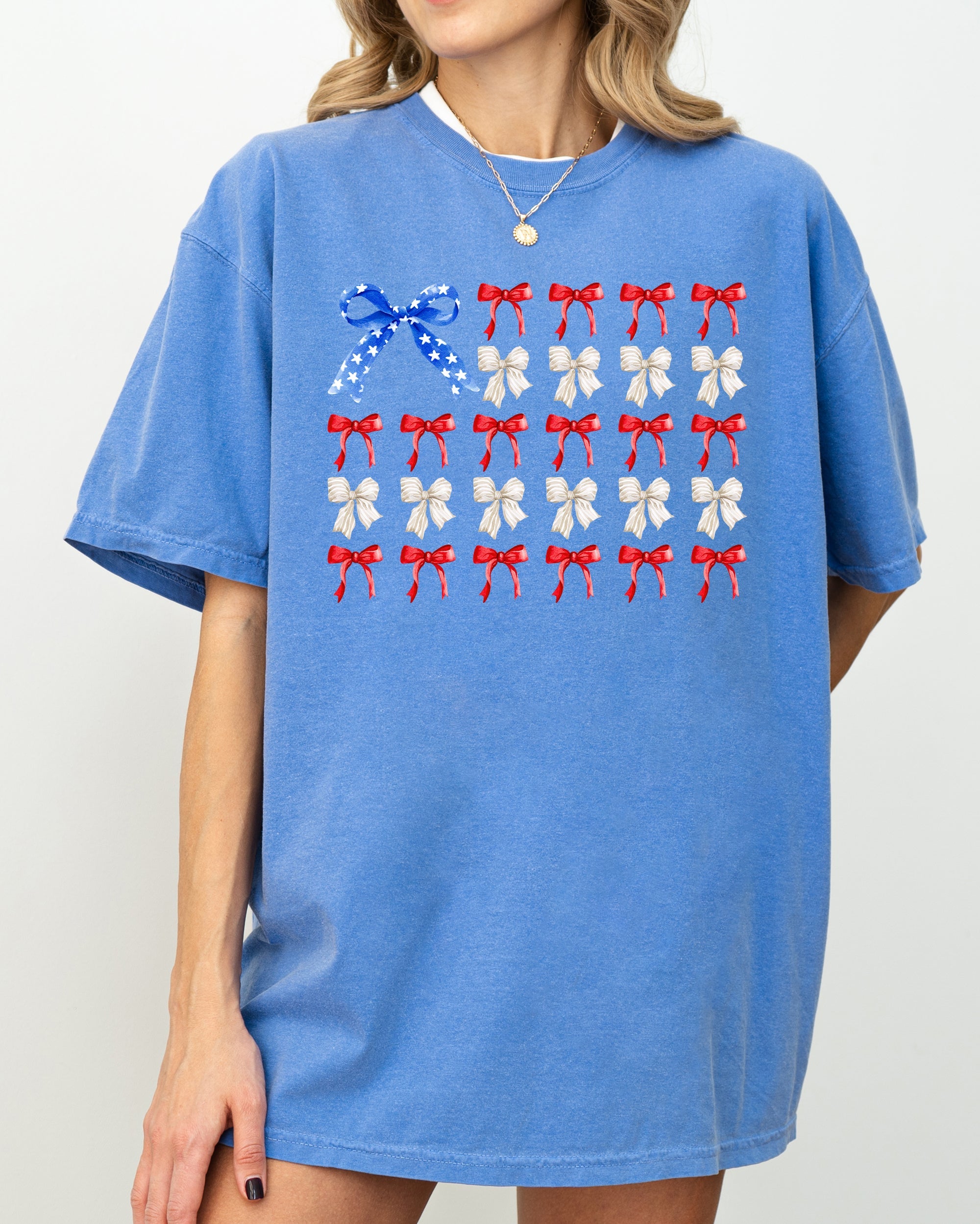 Flag Ribbons and Bows Fourth Of July America Red White Blue Patriotic Girly Coquette Comfort Colors Tee