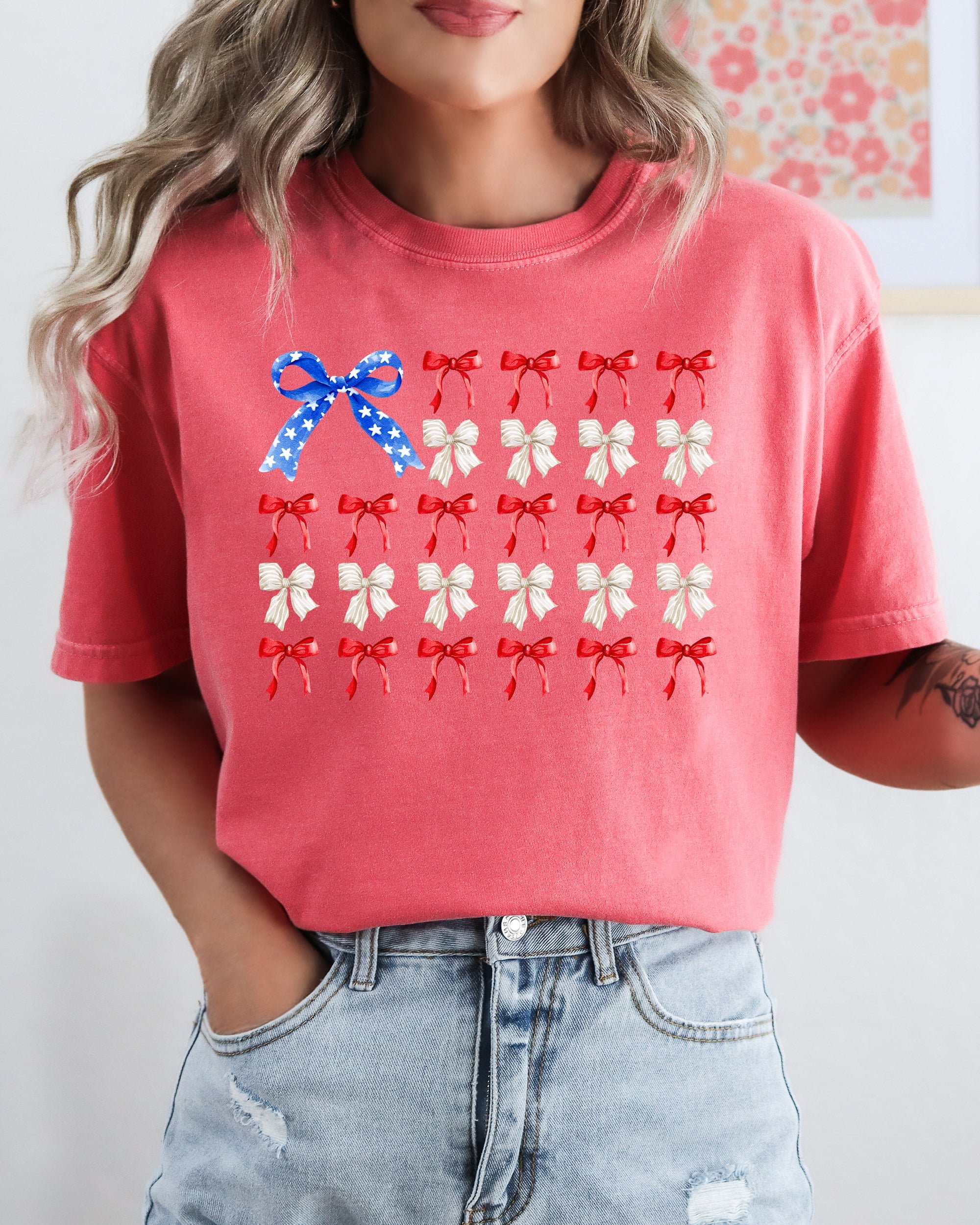 Flag Ribbons and Bows Fourth Of July America Red White Blue Patriotic Girly Coquette Comfort Colors Tee