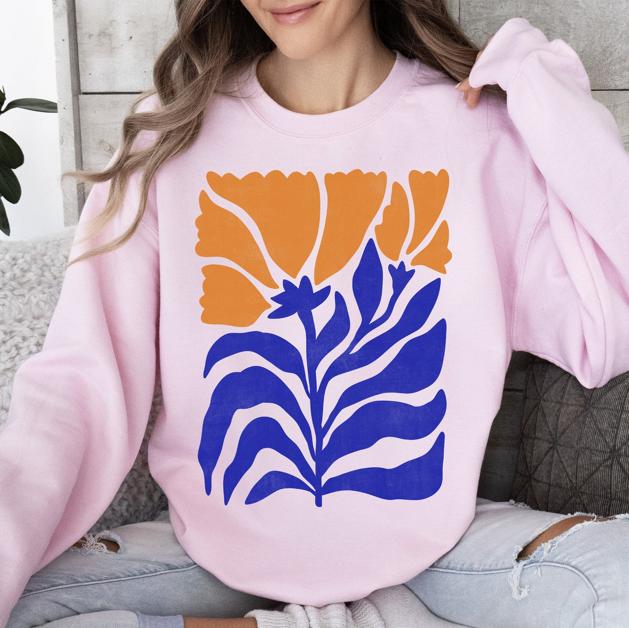 Floral Design Featuring Bold Blues And Oranges Flowers And Nature Motif Sweatshirt