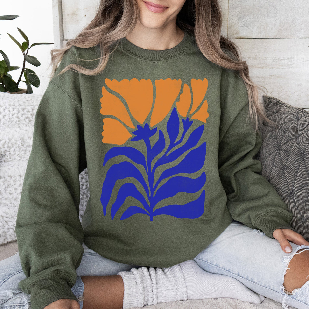 Floral Design Featuring Bold Blues And Oranges Flowers And Nature Motif Sweatshirt