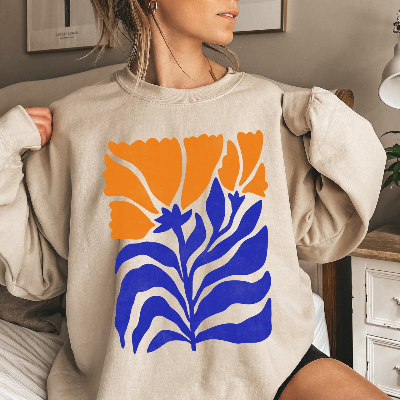 Floral Design Featuring Bold Blues And Oranges Flowers And Nature Motif Sweatshirt