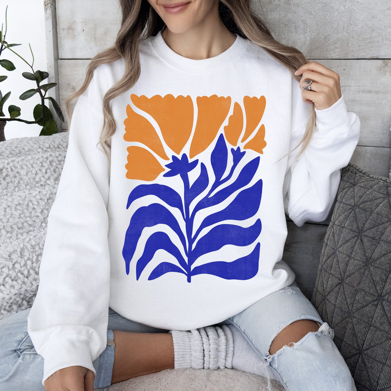 Floral Design Featuring Bold Blues And Oranges Flowers And Nature Motif Sweatshirt